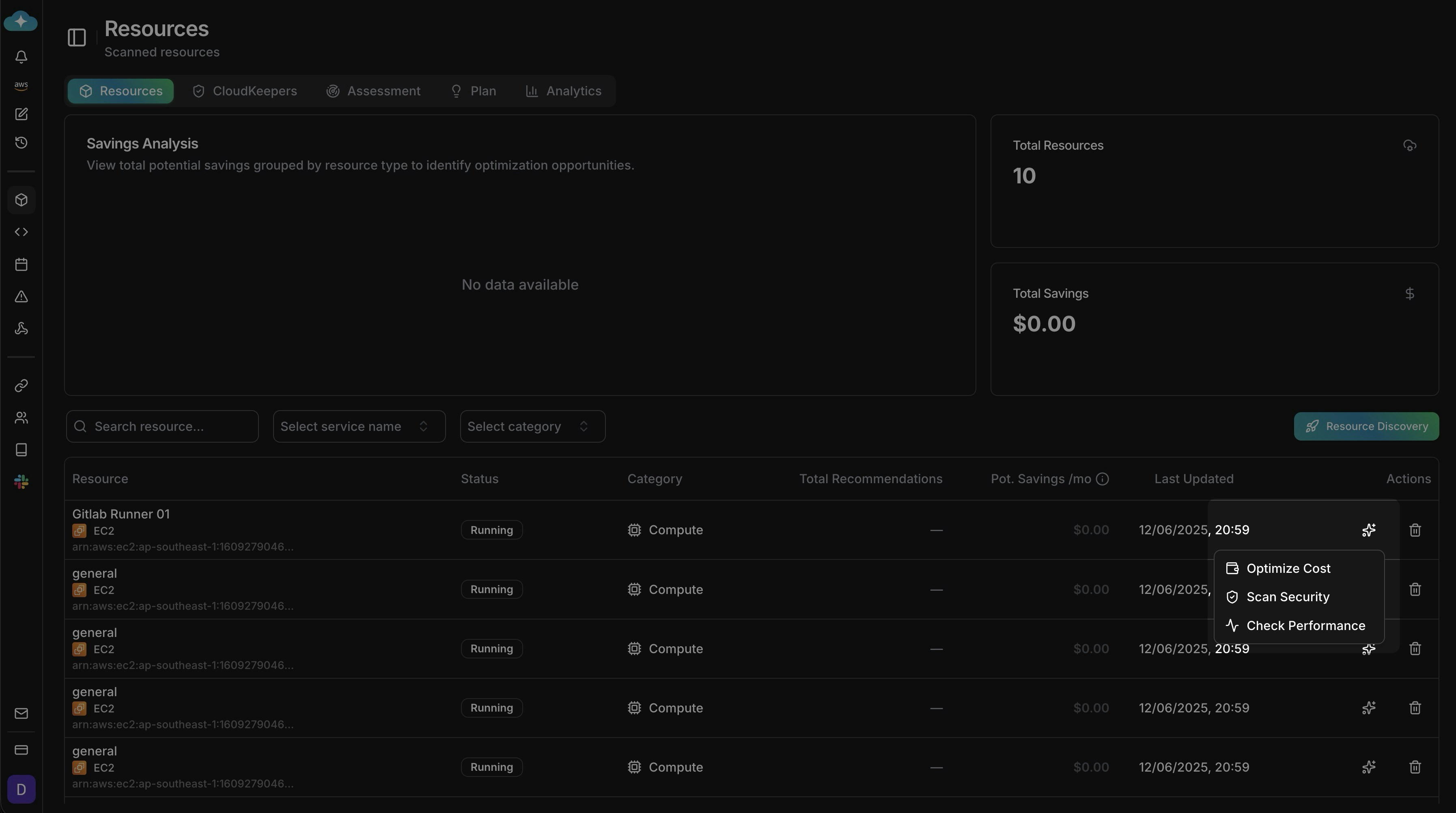 Resource inventory with savings and inline actions