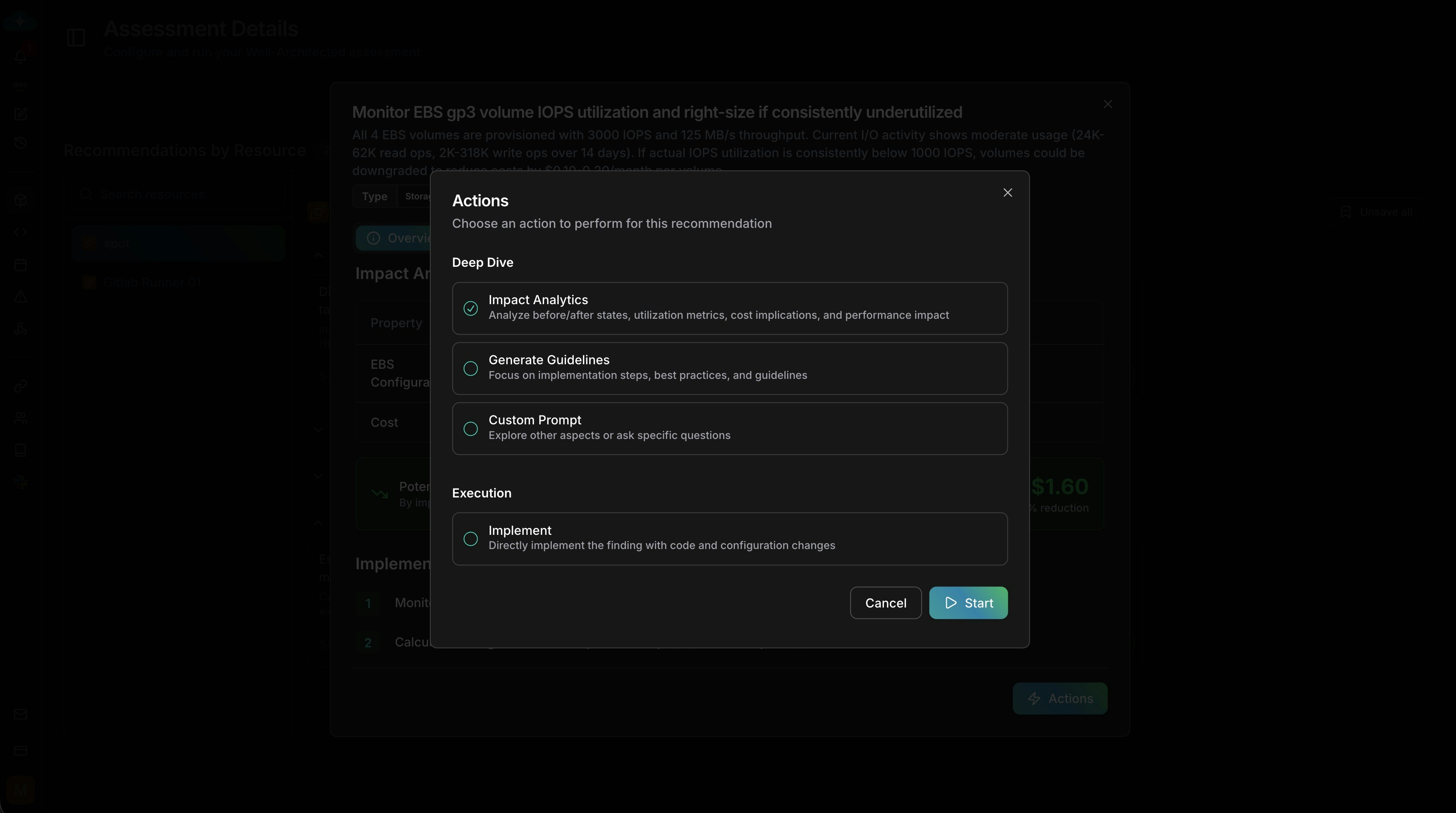 Action modal with options for analytics, guidelines, prompts, and implementation