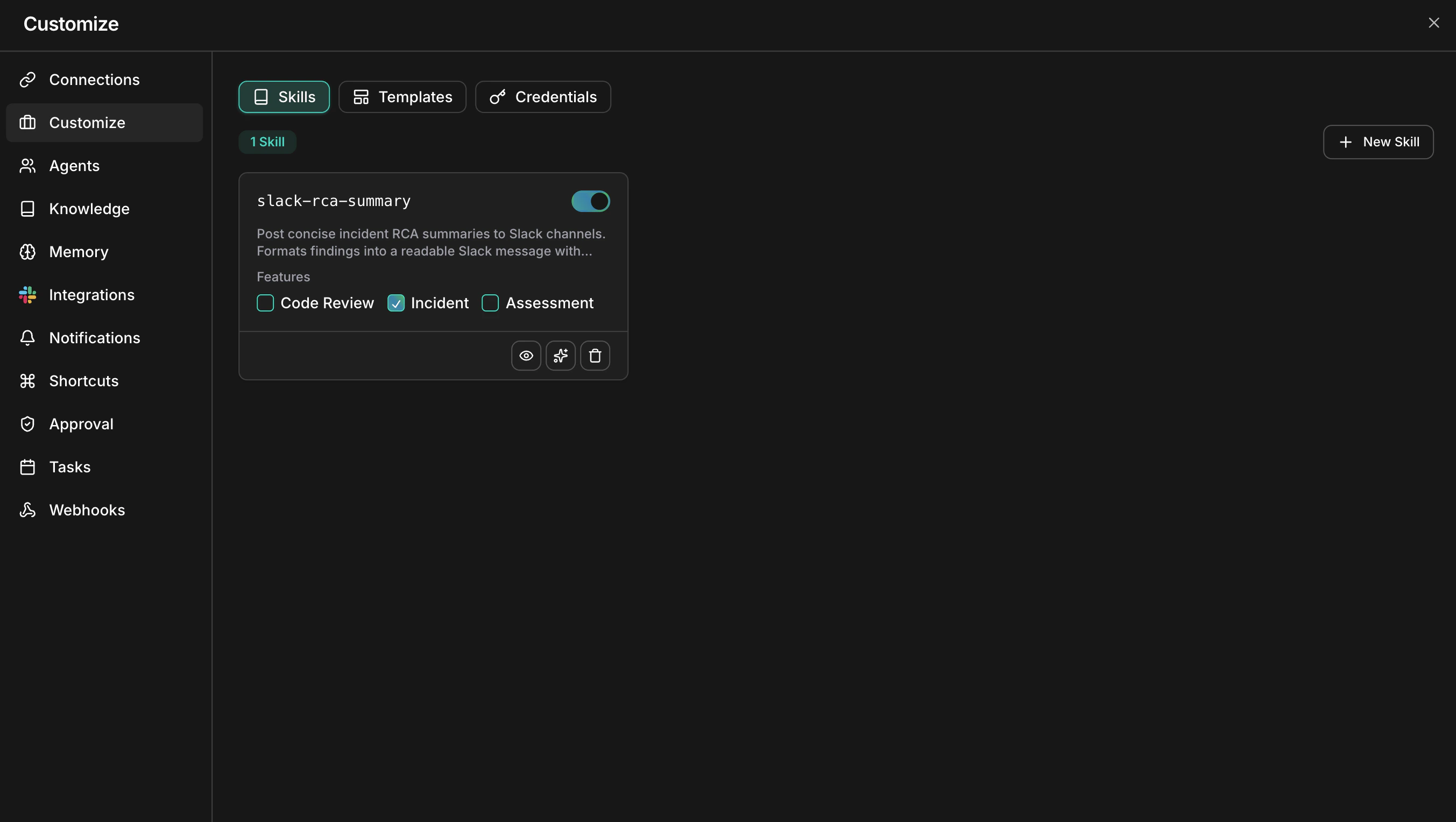 Custom Skills management page showing skill cards with enable toggles and feature assignment checkboxes