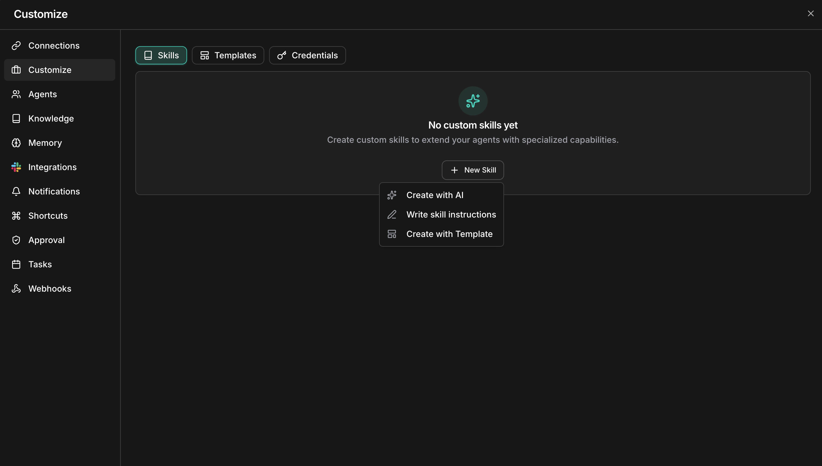 New Skill dropdown showing creation options: Create with AI, Write skill instructions