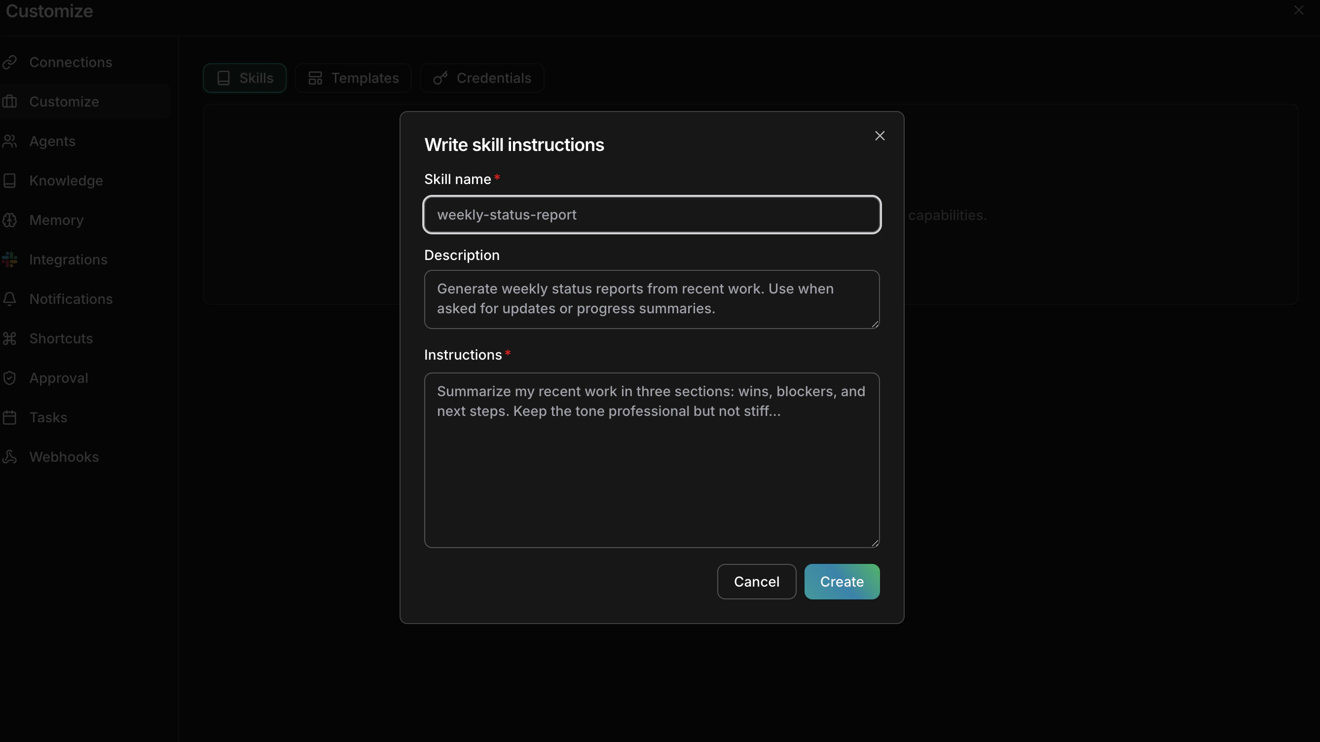 Write skill dialog with name, description, and instructions fields