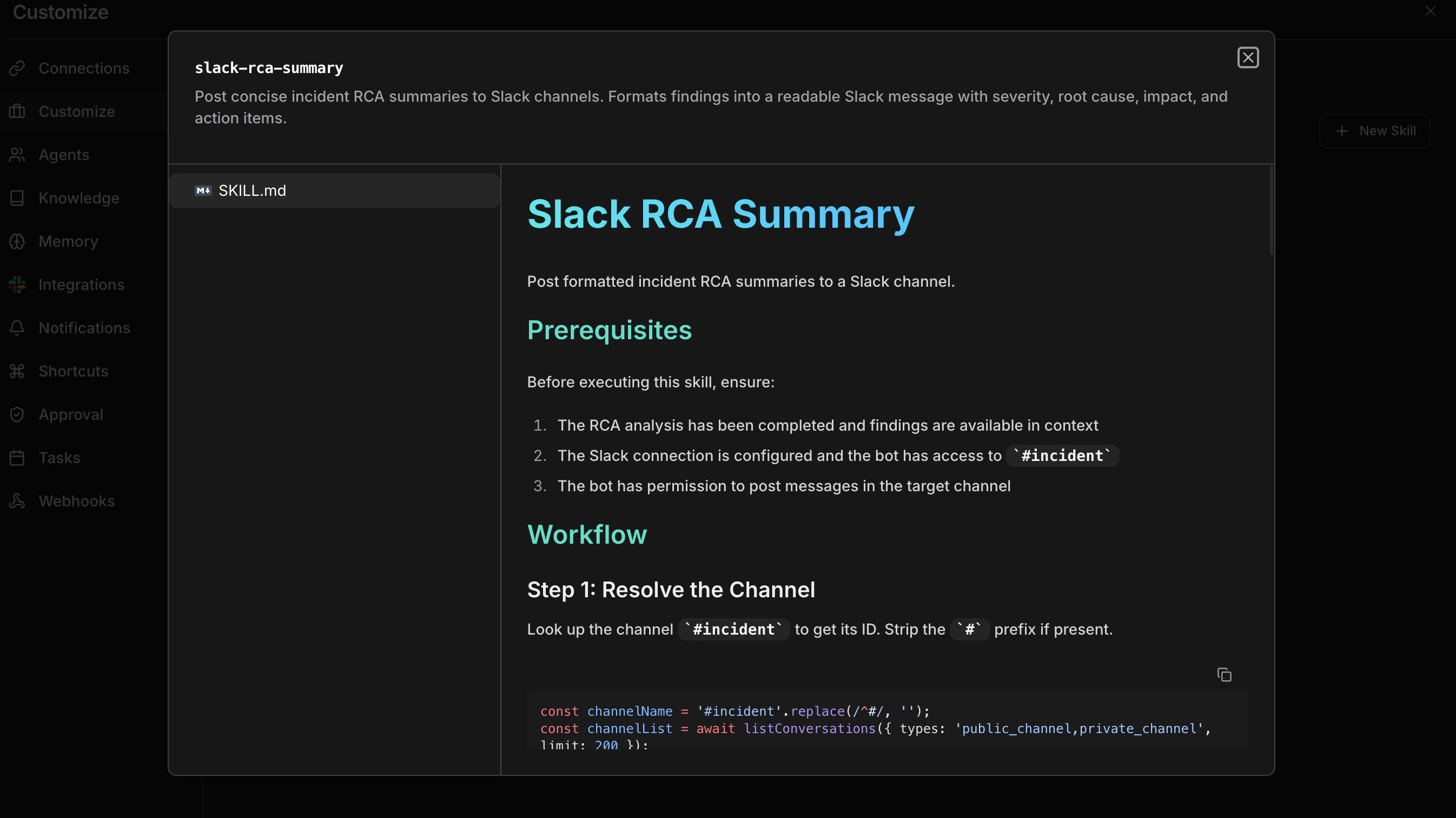Skill detail view showing file tree and rendered markdown content in a split-pane layout