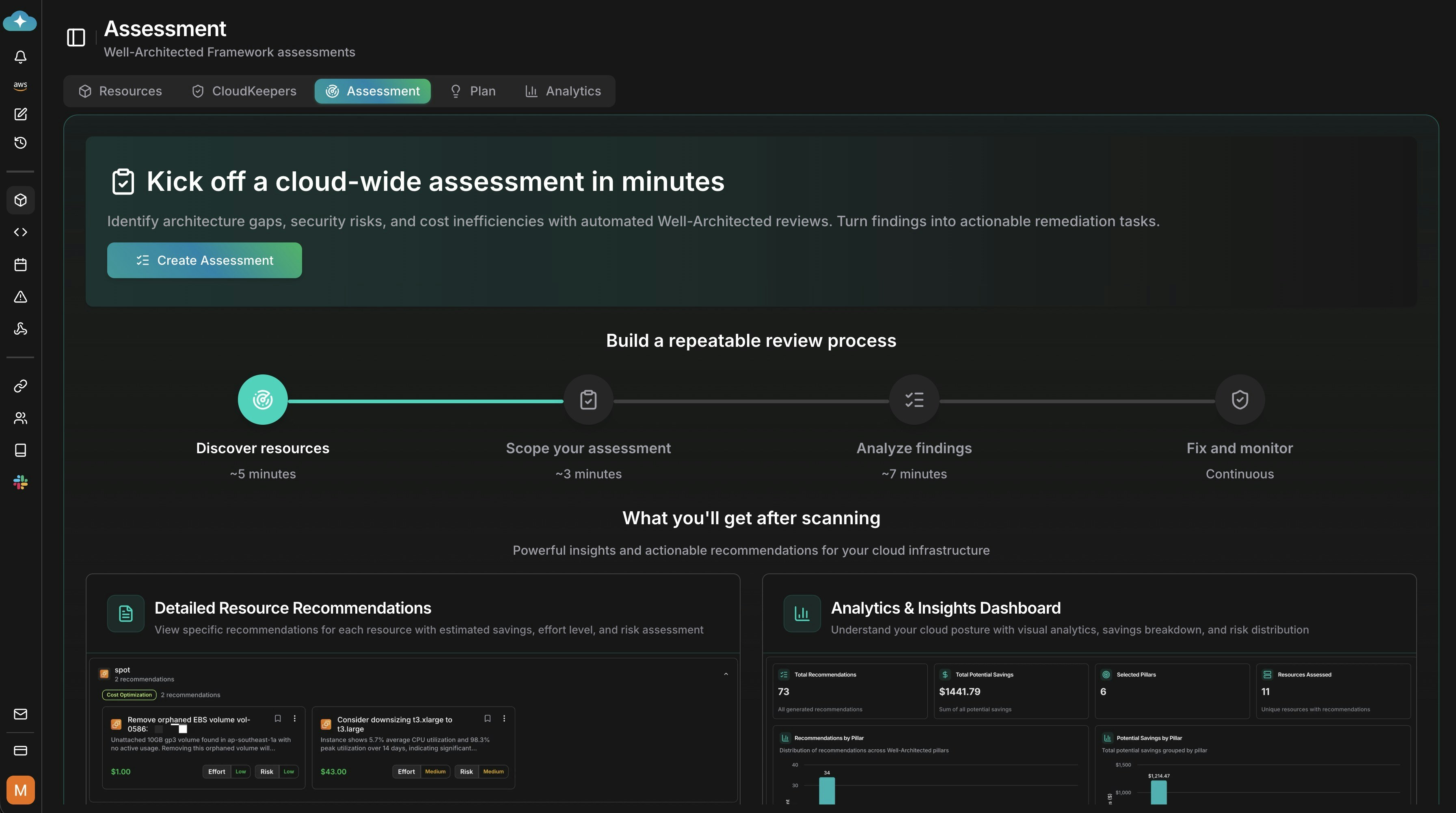 Assessment landing with create CTA and overview timeline