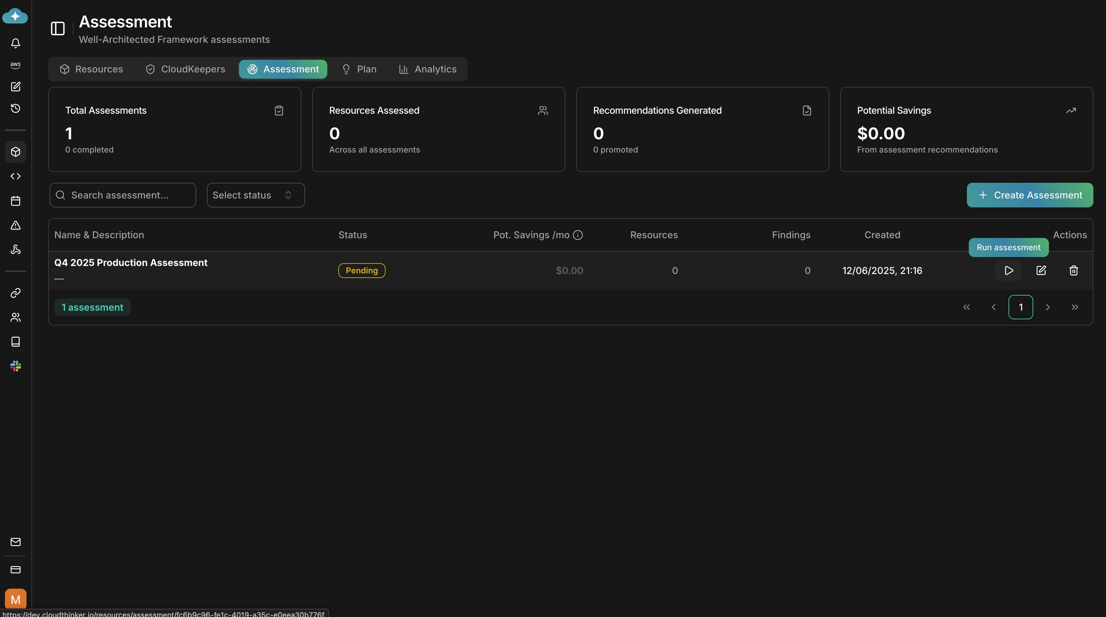 Assessment list showing a pending assessment with run action