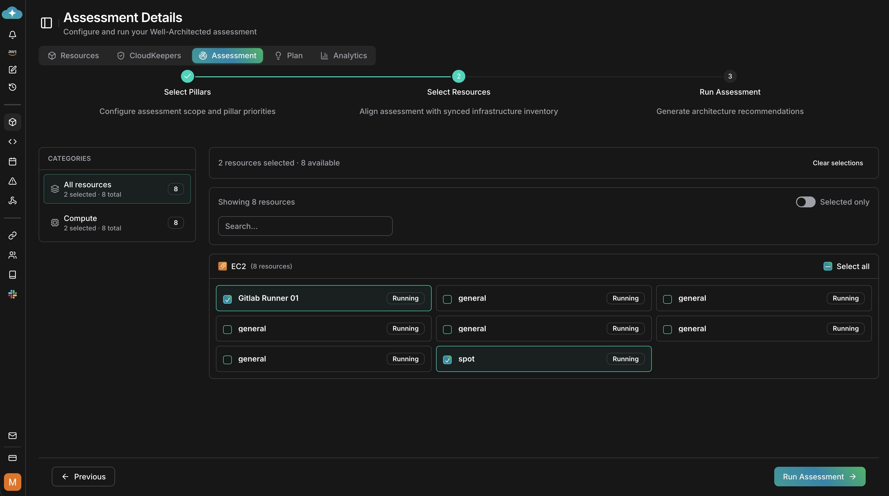 Resource selection step with filters and toggles