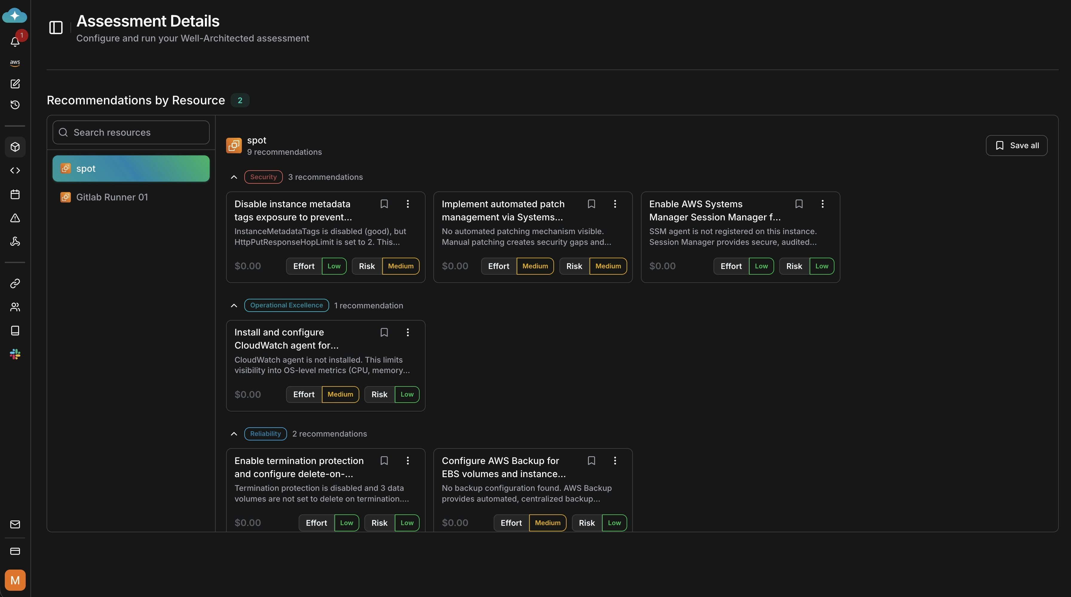 Recommendations list grouped by resource with effort and risk