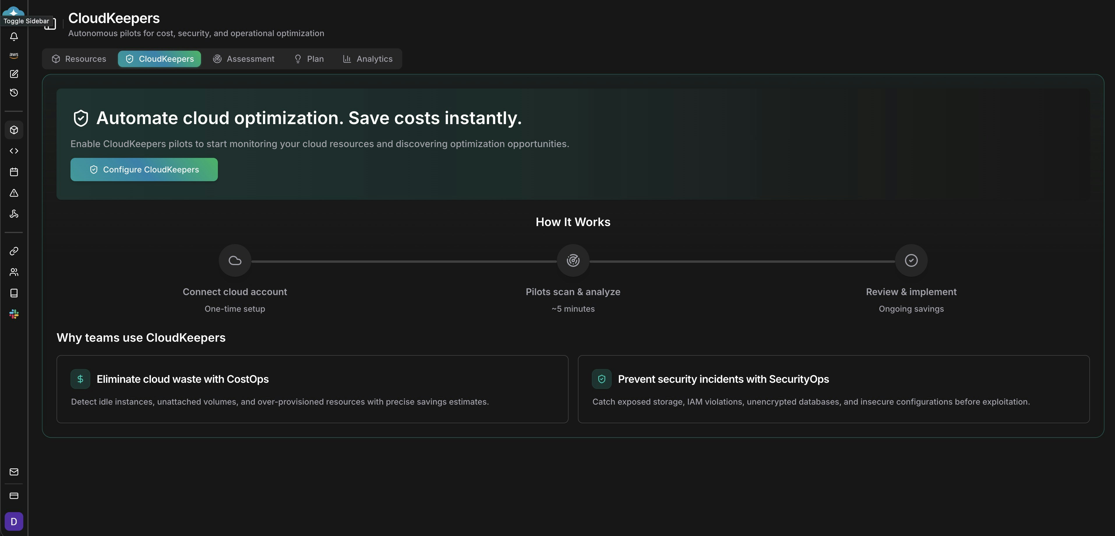 CloudKeepers landing with configure CTA, how-it-works timeline, and cost/security value cards