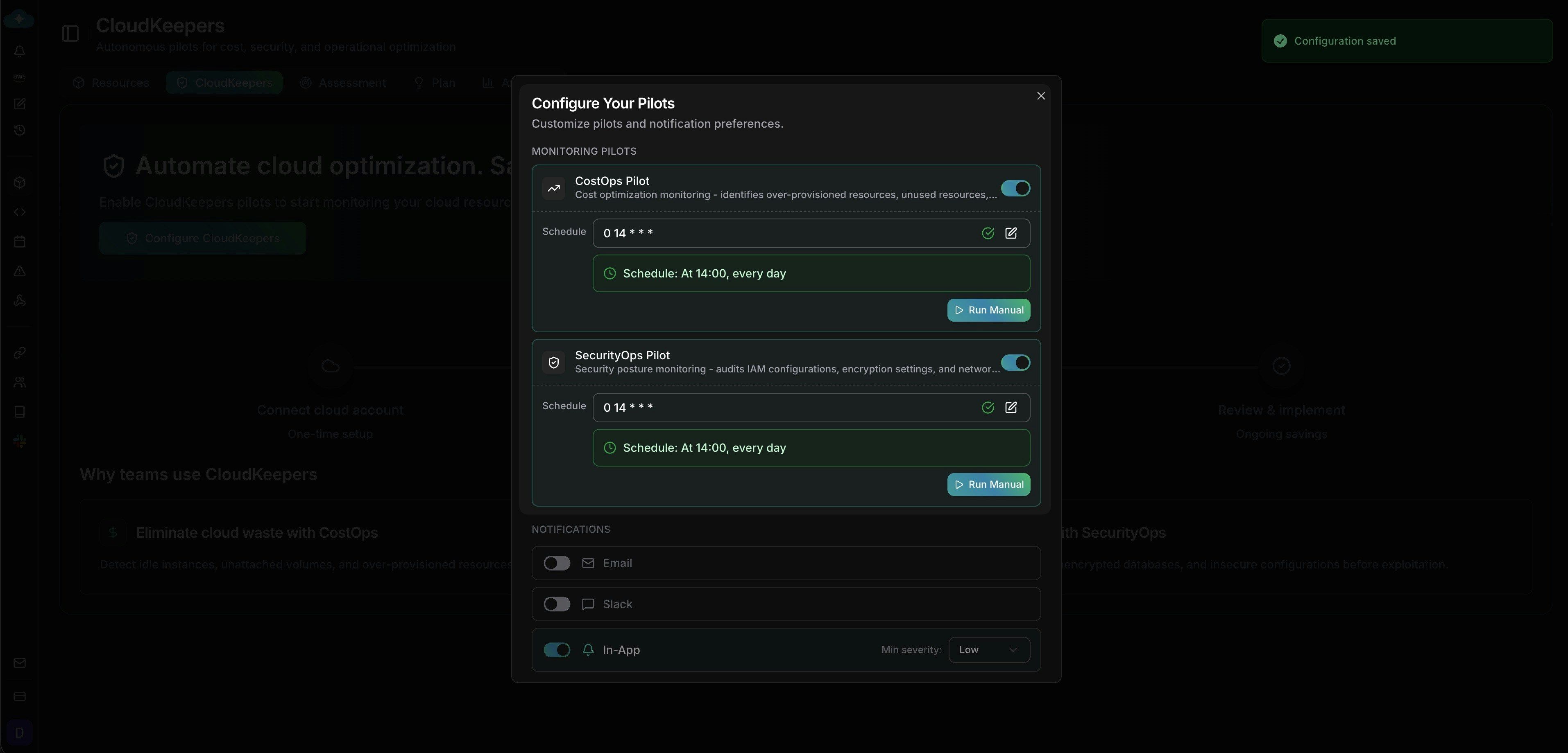 Pilot configuration modal with schedule fields, enable toggles, and manual run buttons