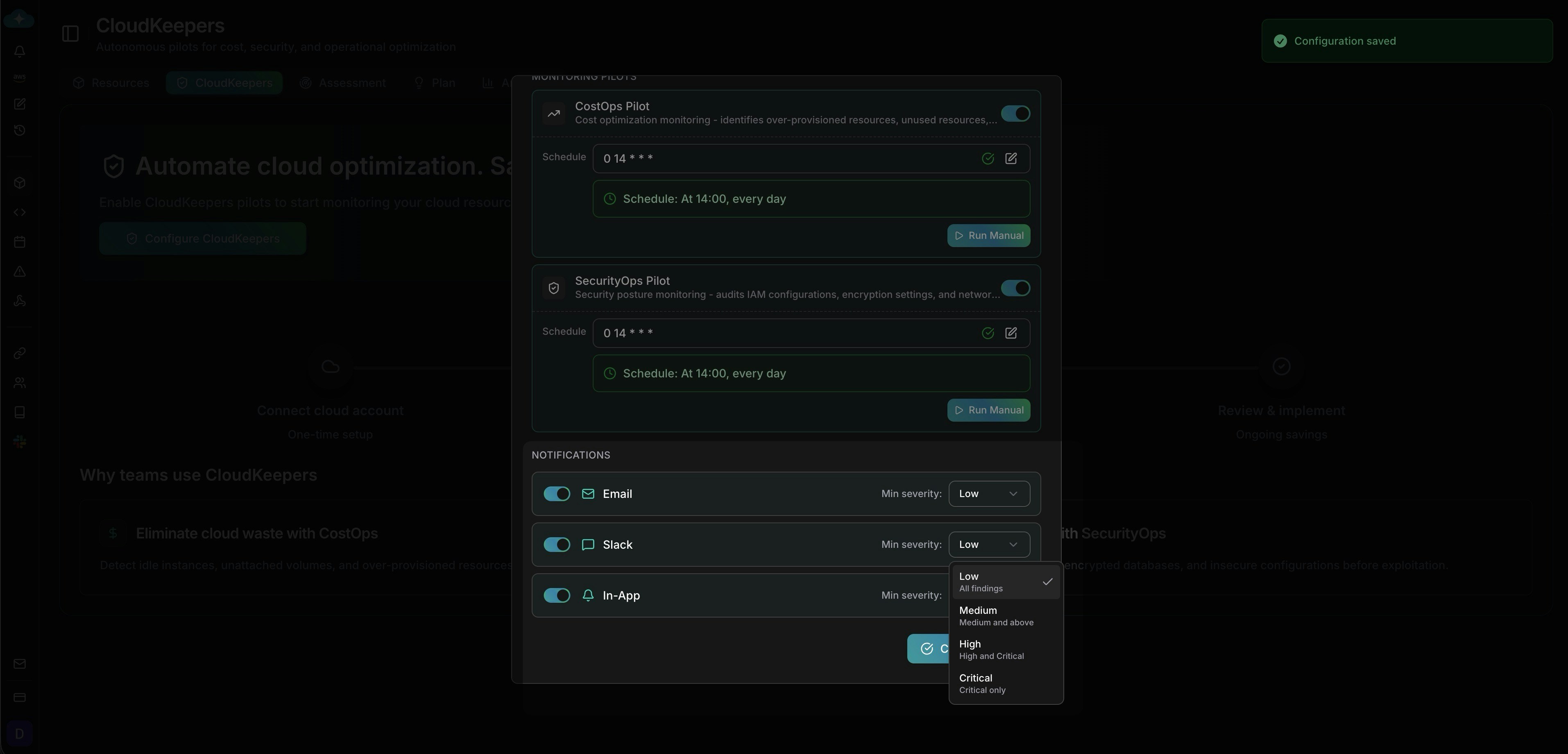 Notification settings showing per-channel toggles and minimum severity dropdown