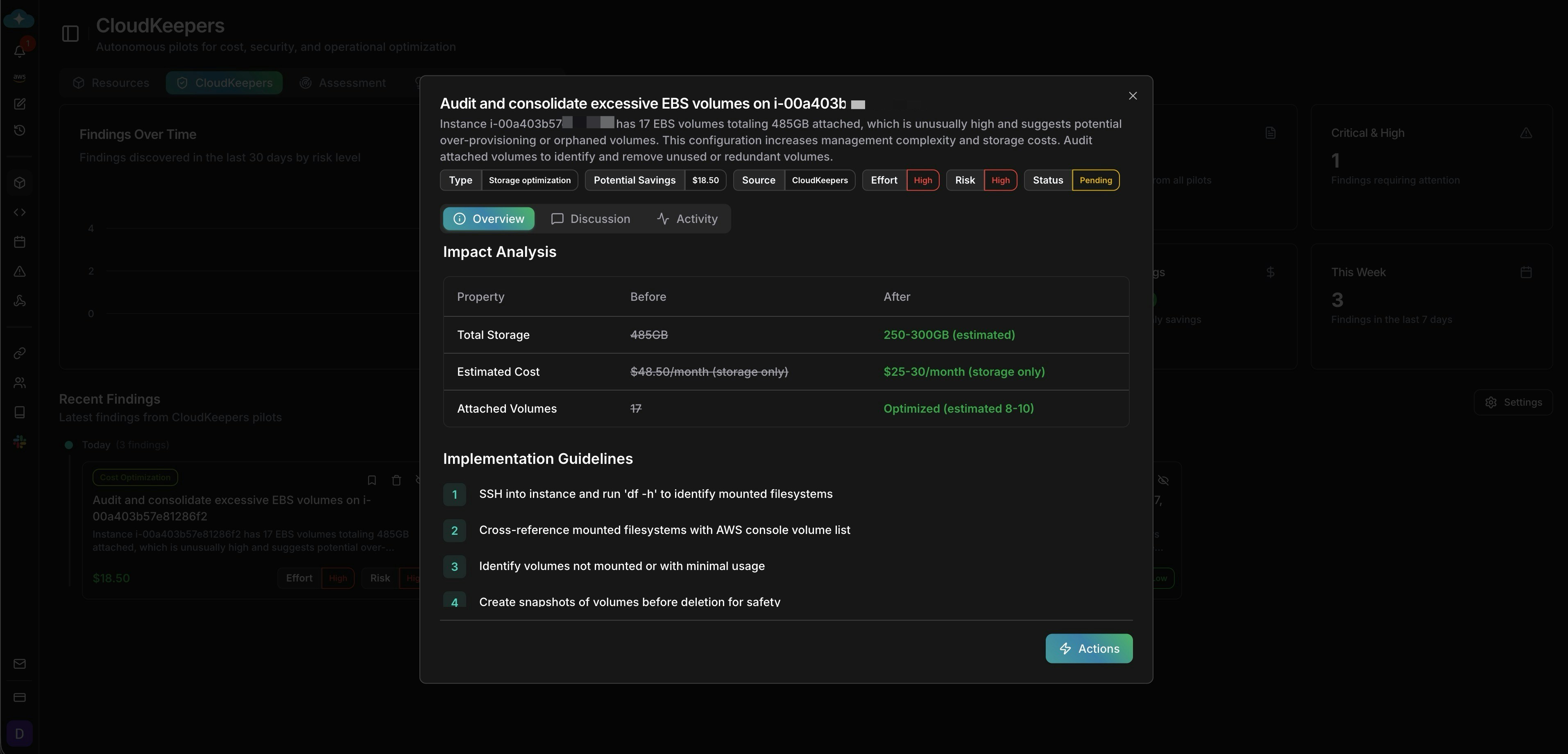 Recommendation detail showing impact analysis table and step-by-step implementation checklist
