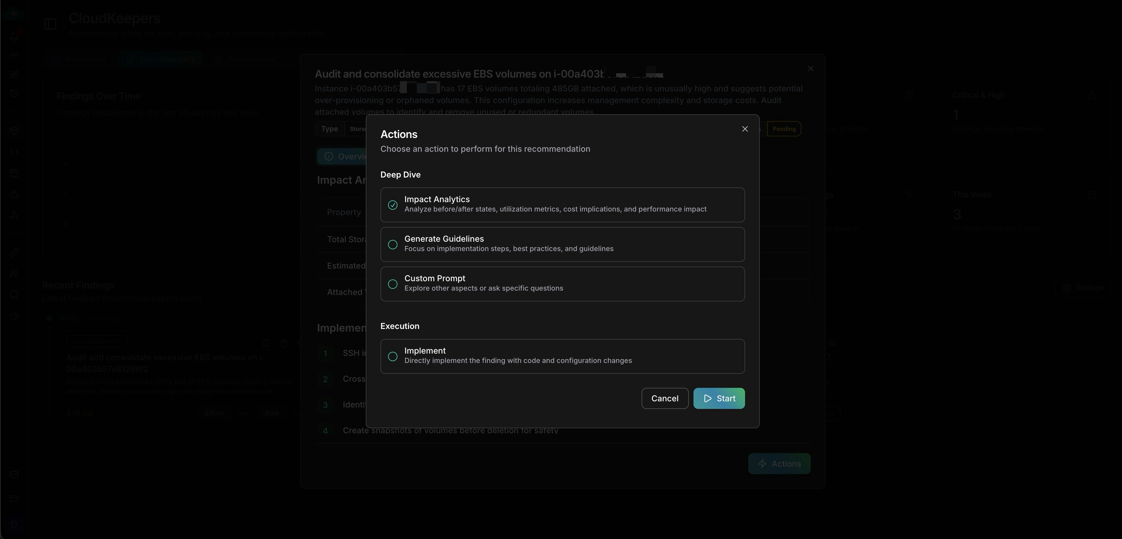 Actions modal with options for analytics, guidelines, custom prompt, and implement