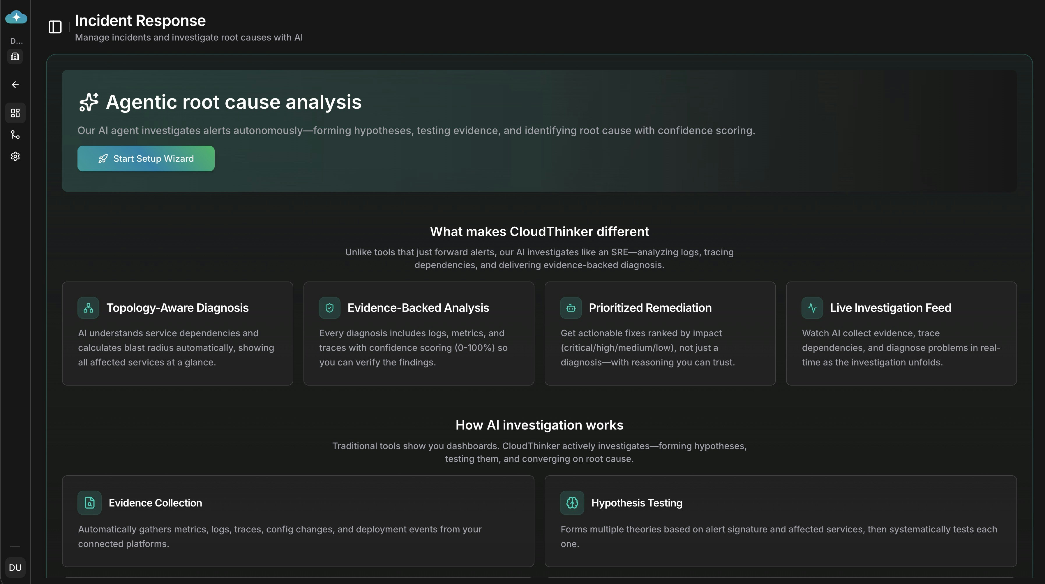 Incident Response setup wizard home page with AI-powered root cause analysis overview