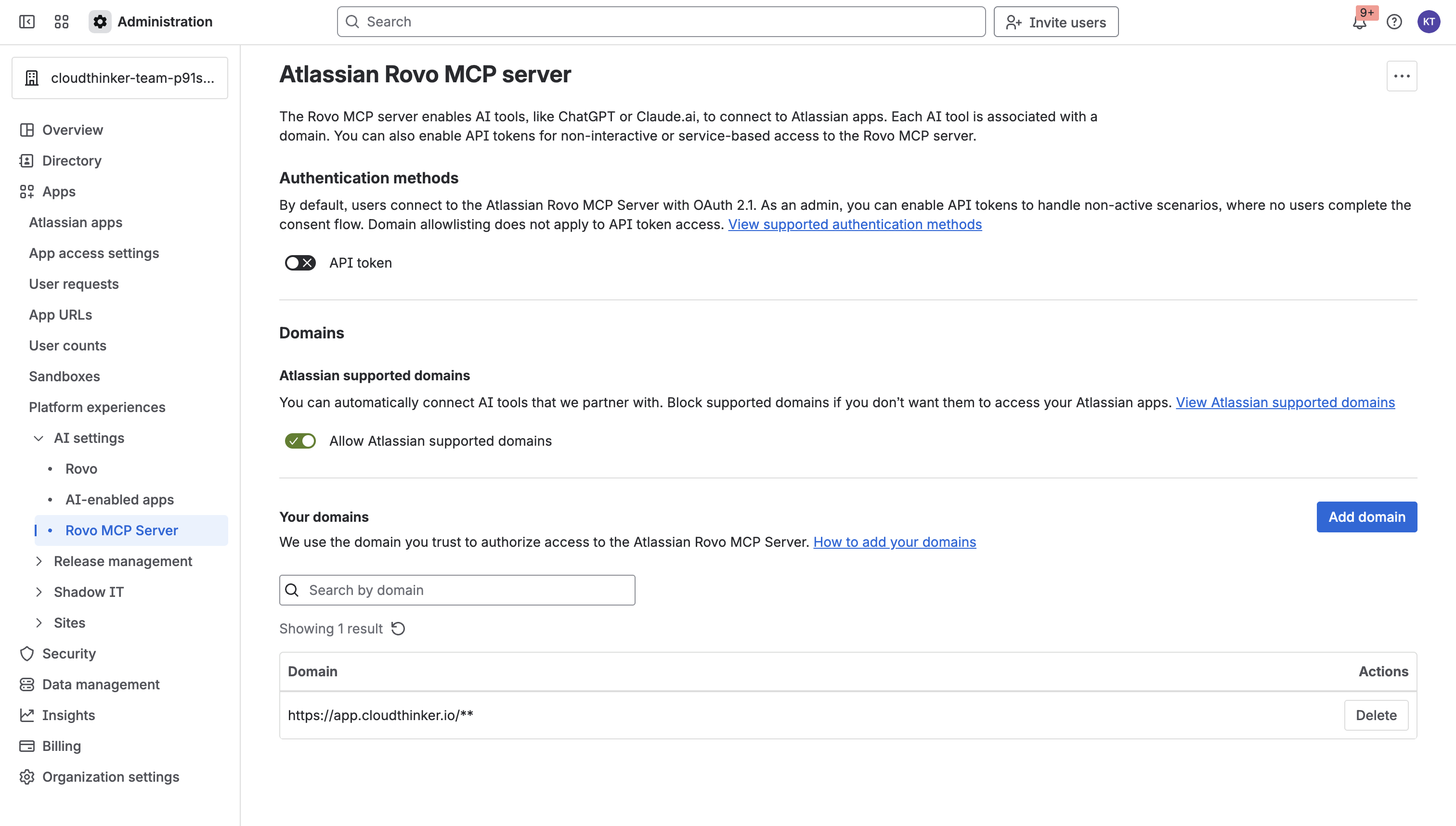Atlassian AI settings showing CloudThinker domain in Rovo MCP server allowlist