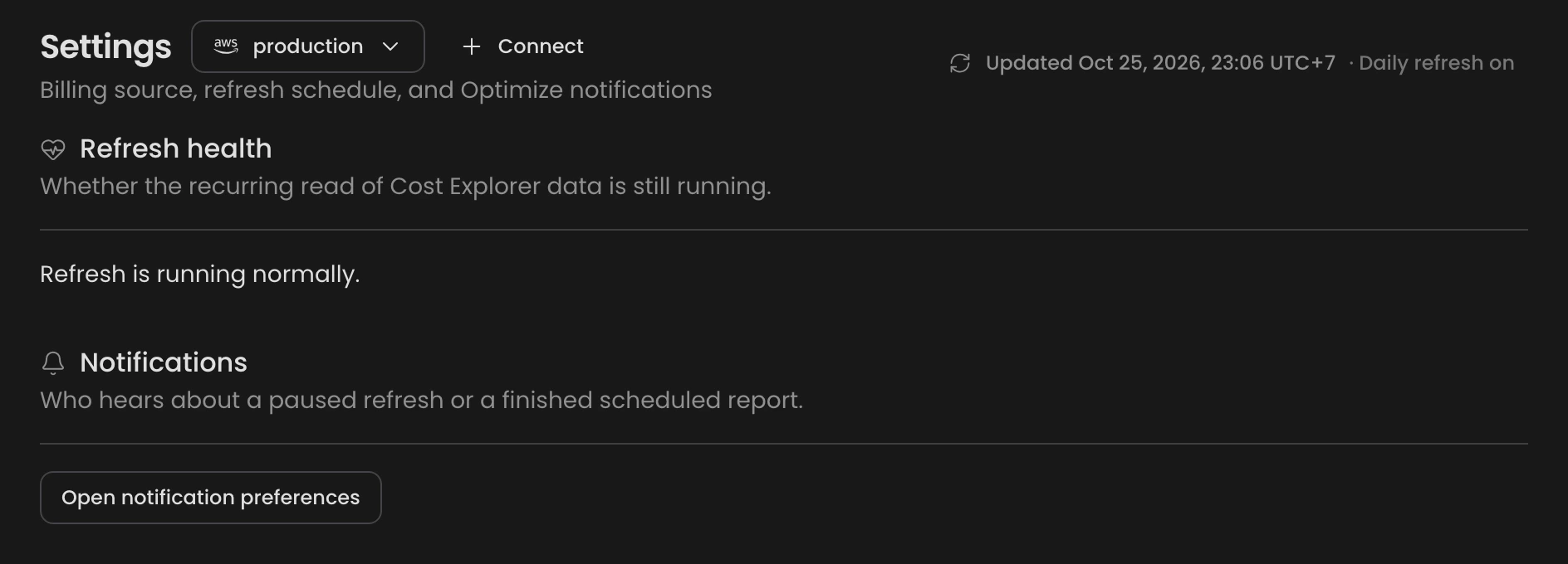 Optimize Settings page with the Refresh health section reading Refresh is running normally and a Notifications section