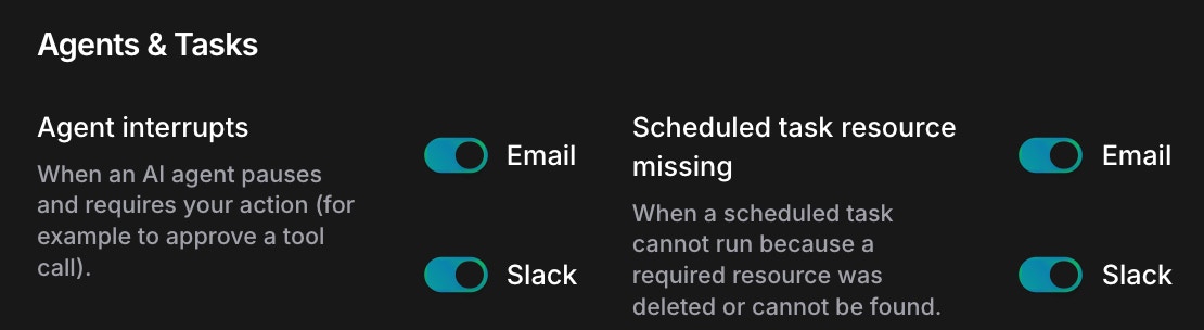 Agents & Tasks section showing agent interrupts and scheduled task resource missing notifications with channel toggles