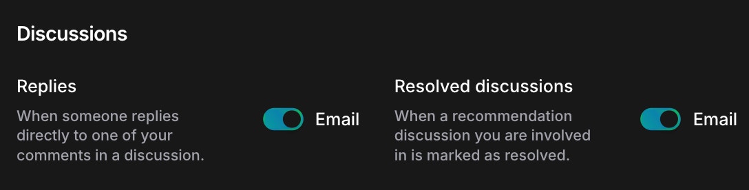 Discussions section showing replies and resolved discussions notification options with email enabled