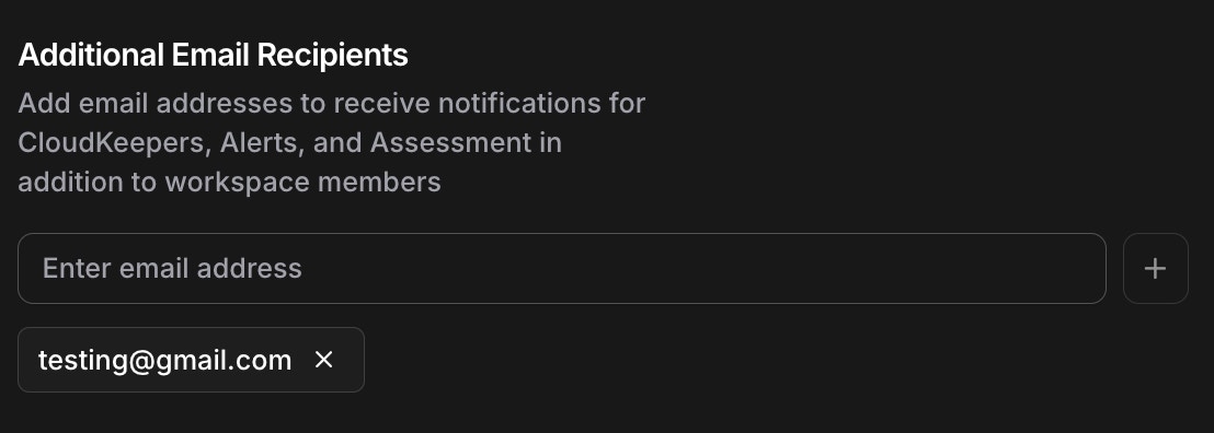 Email recipients input form showing how to add multiple email addresses for notifications