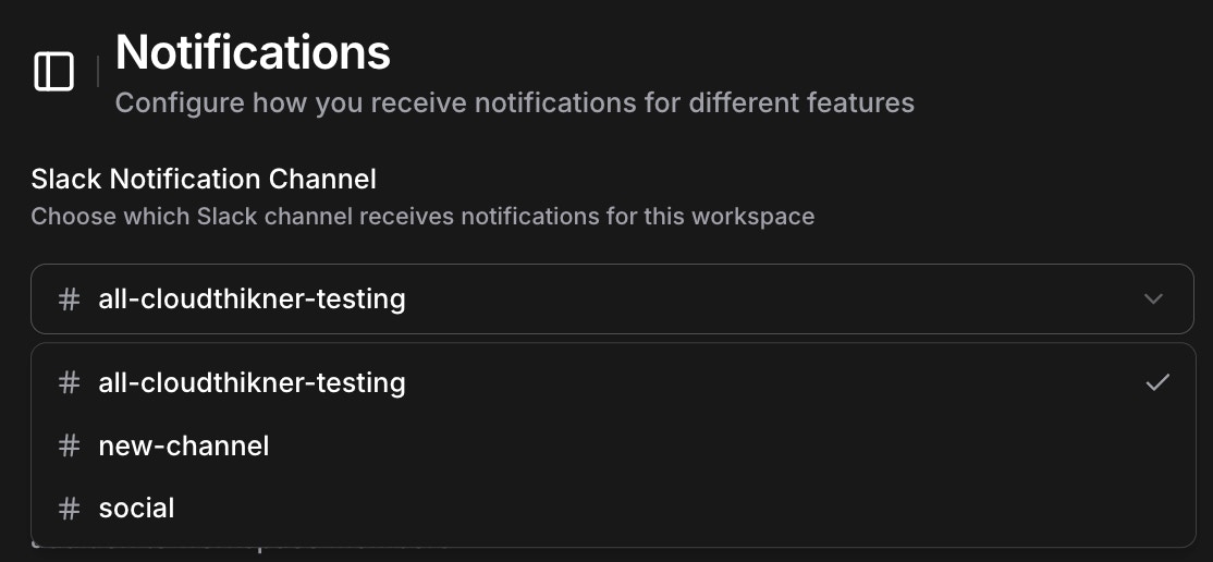 Notifications main settings page showing Slack notification channel configuration