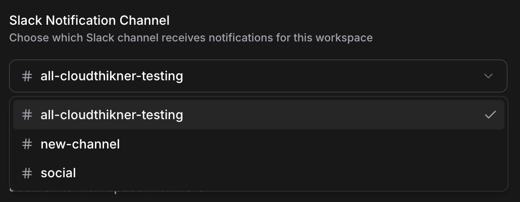 Slack channel dropdown selector showing available channels for notification routing