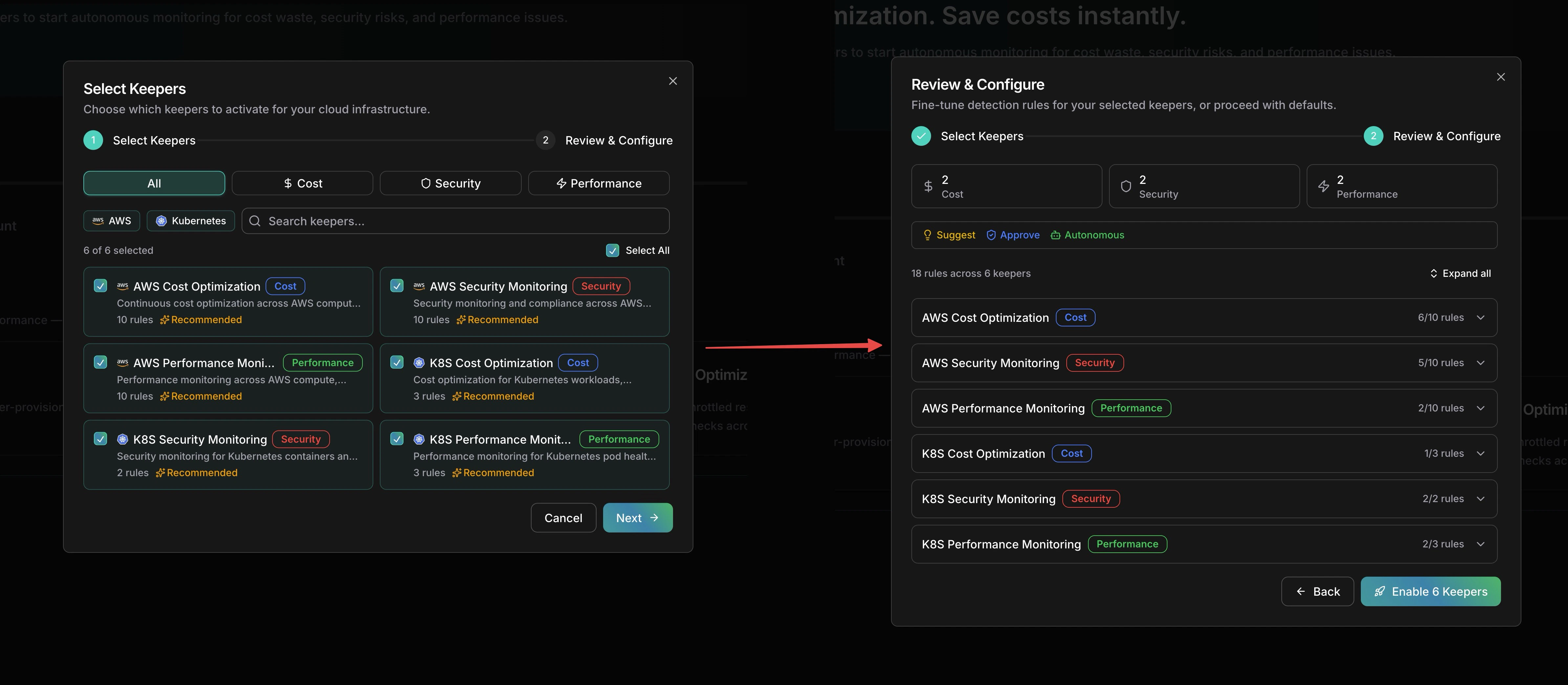 Two-step setup wizard with keeper selection and per-rule configuration