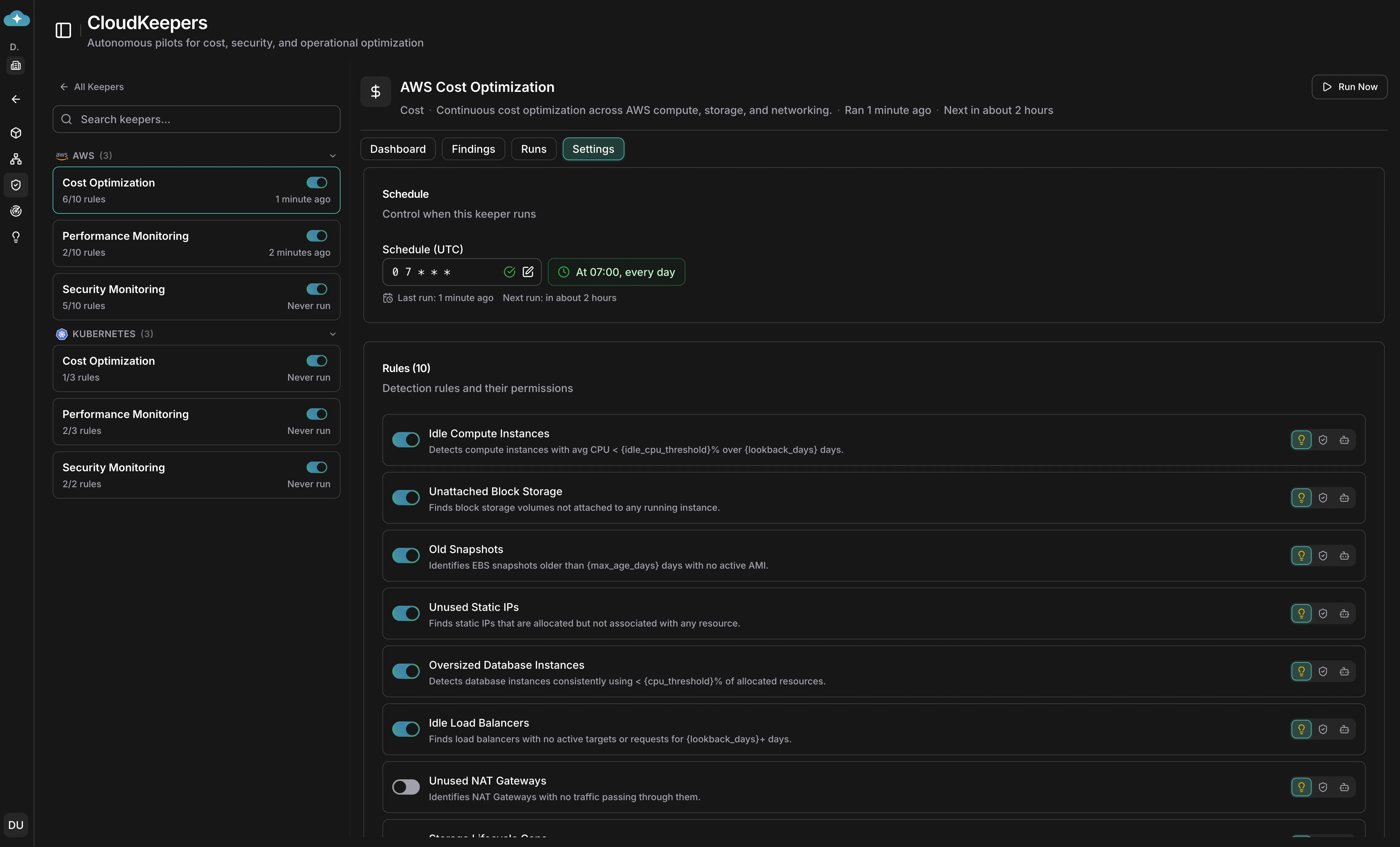 Settings tab with cron schedule and detection rule toggles