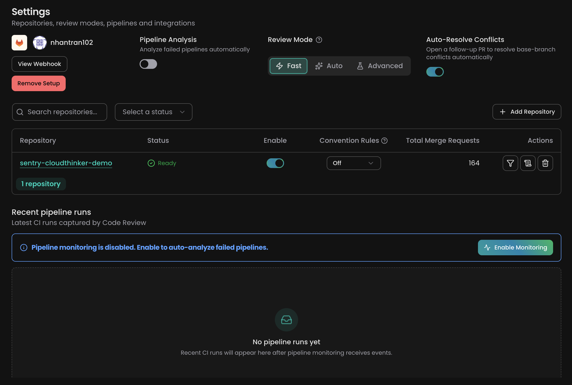 Code Review settings with the Auto-Resolve Conflicts toggle turned on