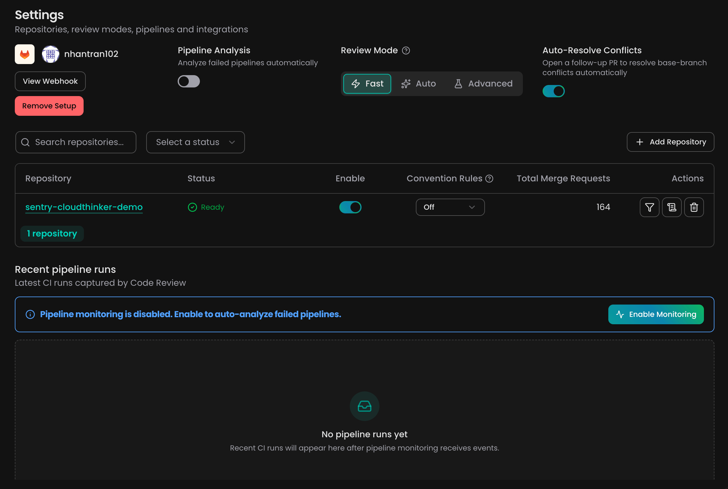 Code Review settings with the Auto-Resolve Conflicts toggle turned on