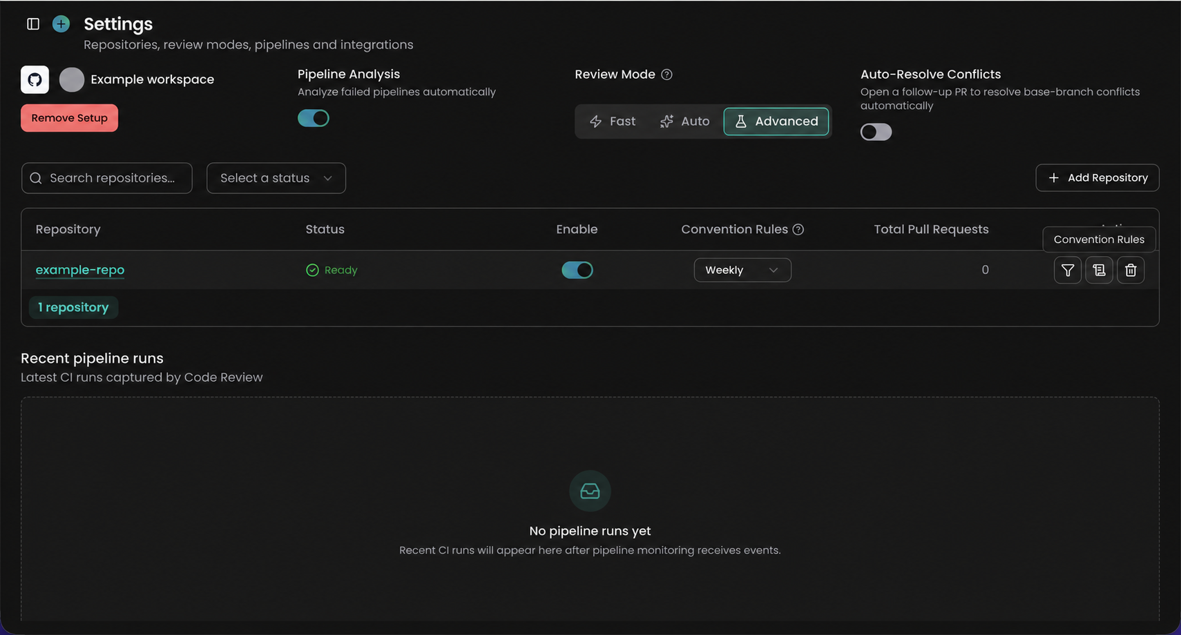 Code Review settings with the Convention Rules repository action highlighted