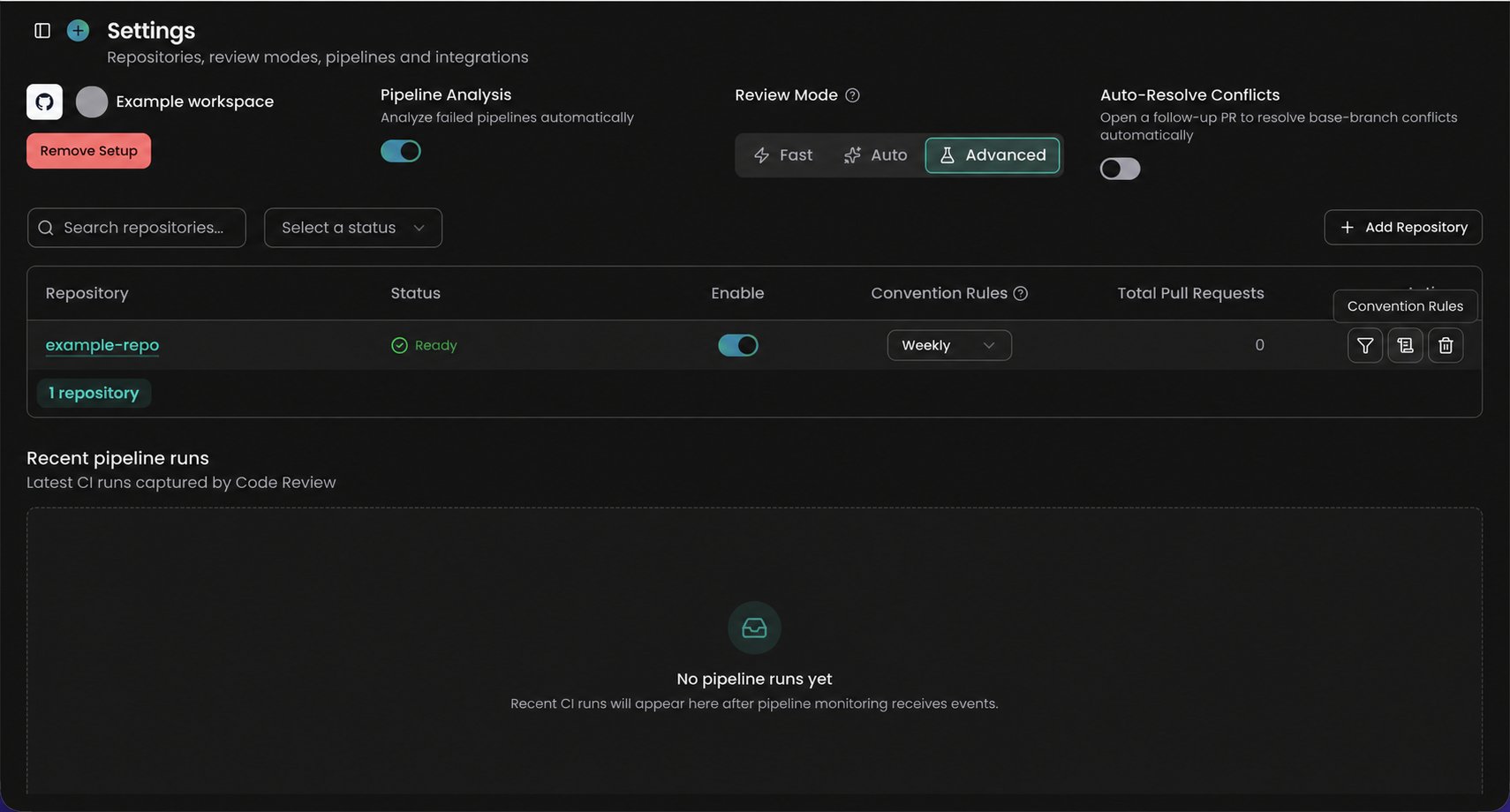 Code Review settings with the Convention Rules repository action highlighted