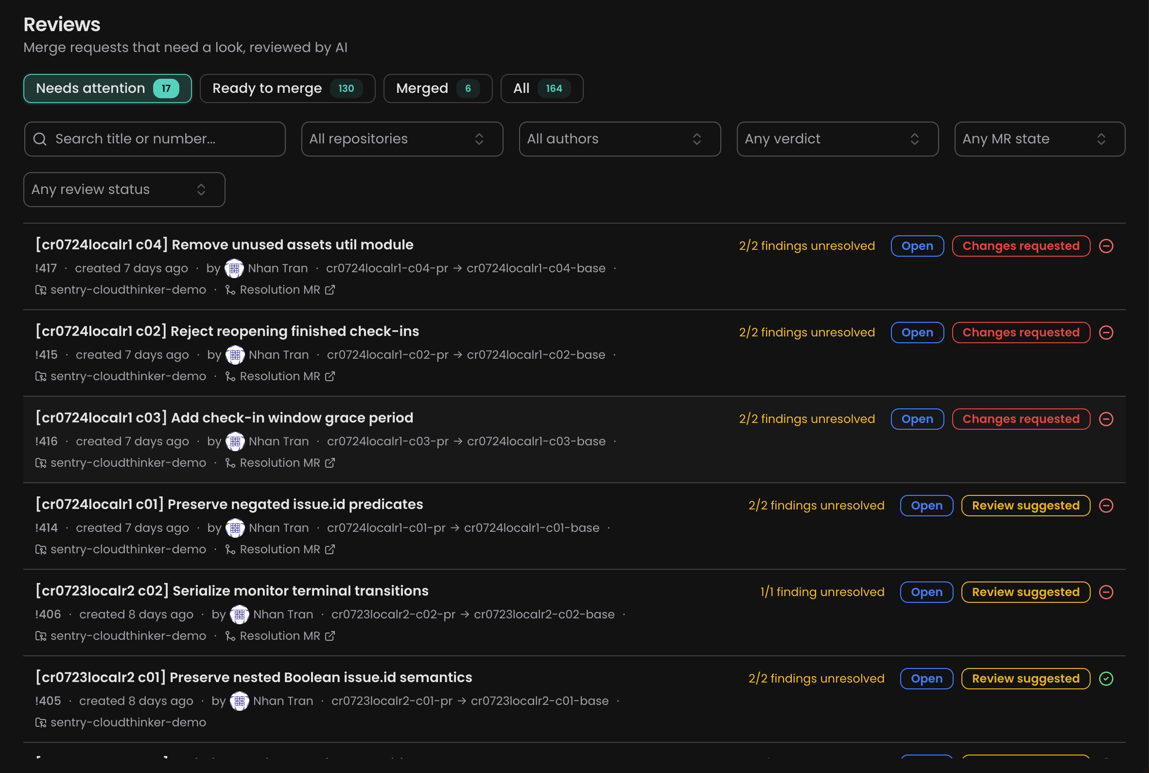 Reviews page showing conflicting merge requests with a conflict badge and Resolution MR links