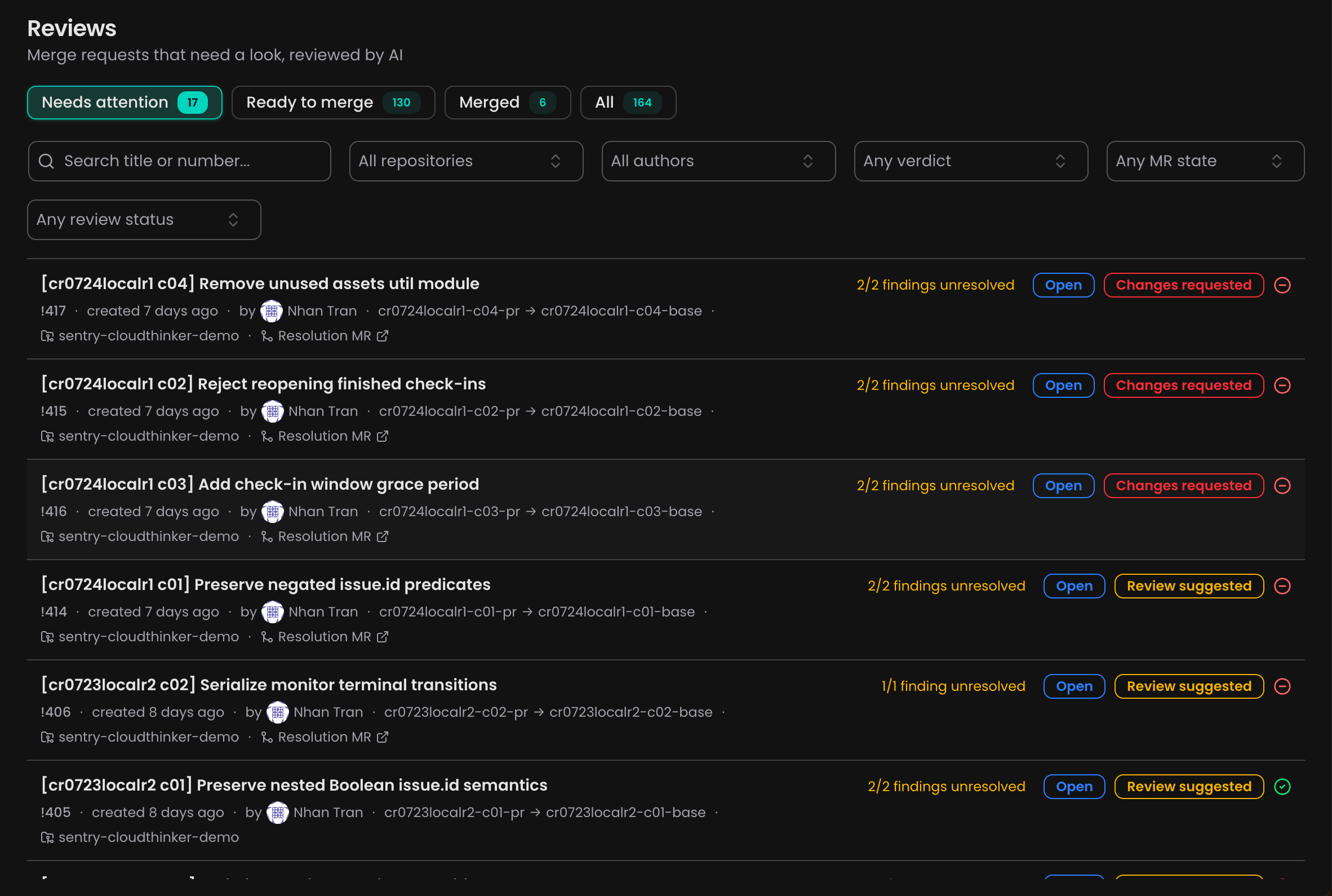 Reviews page showing conflicting merge requests with a conflict badge and Resolution MR links