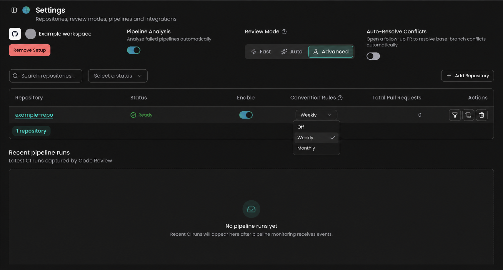 Code Review settings showing the Convention Rules schedule options