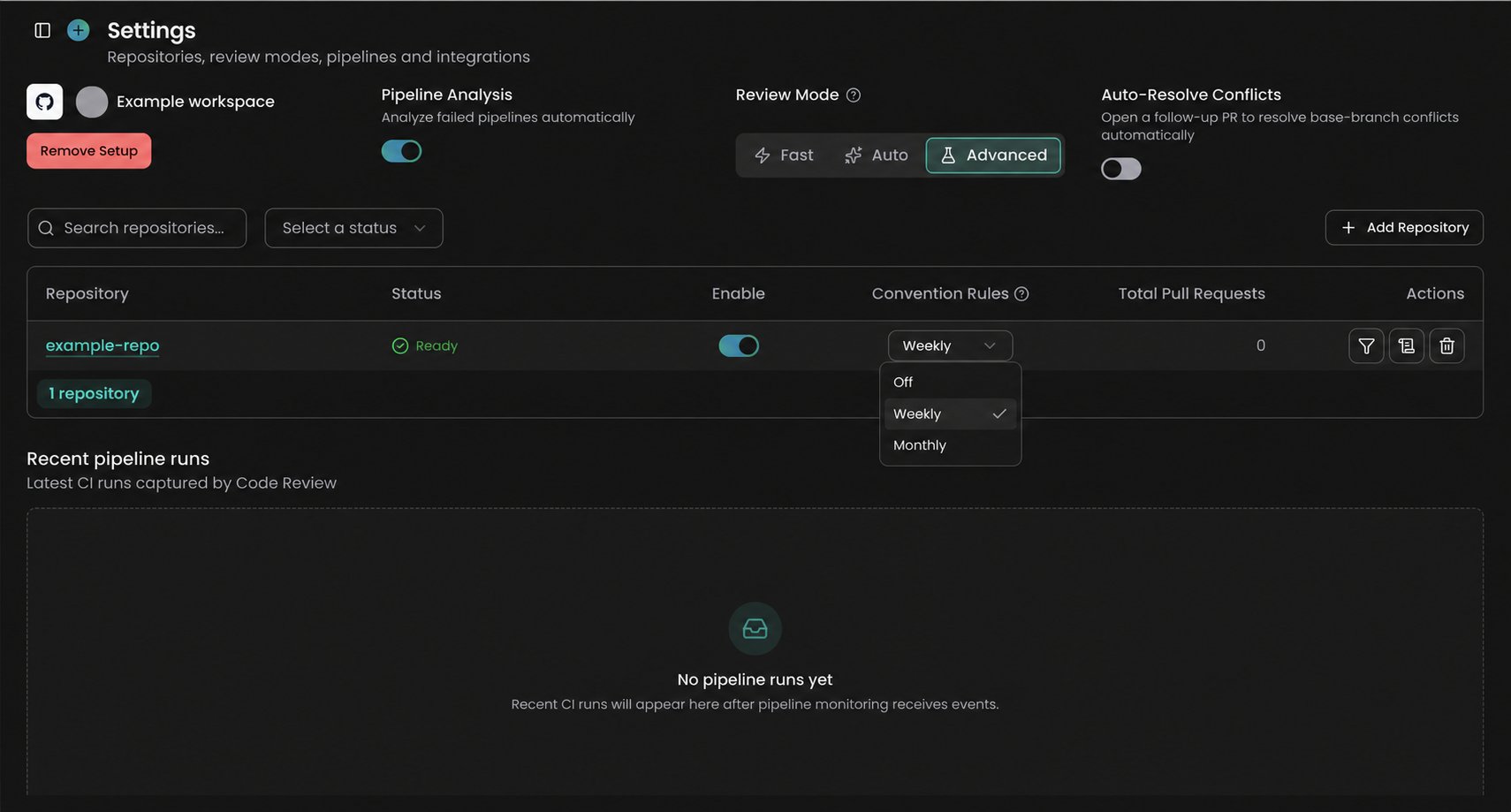 Code Review settings showing the Convention Rules schedule options