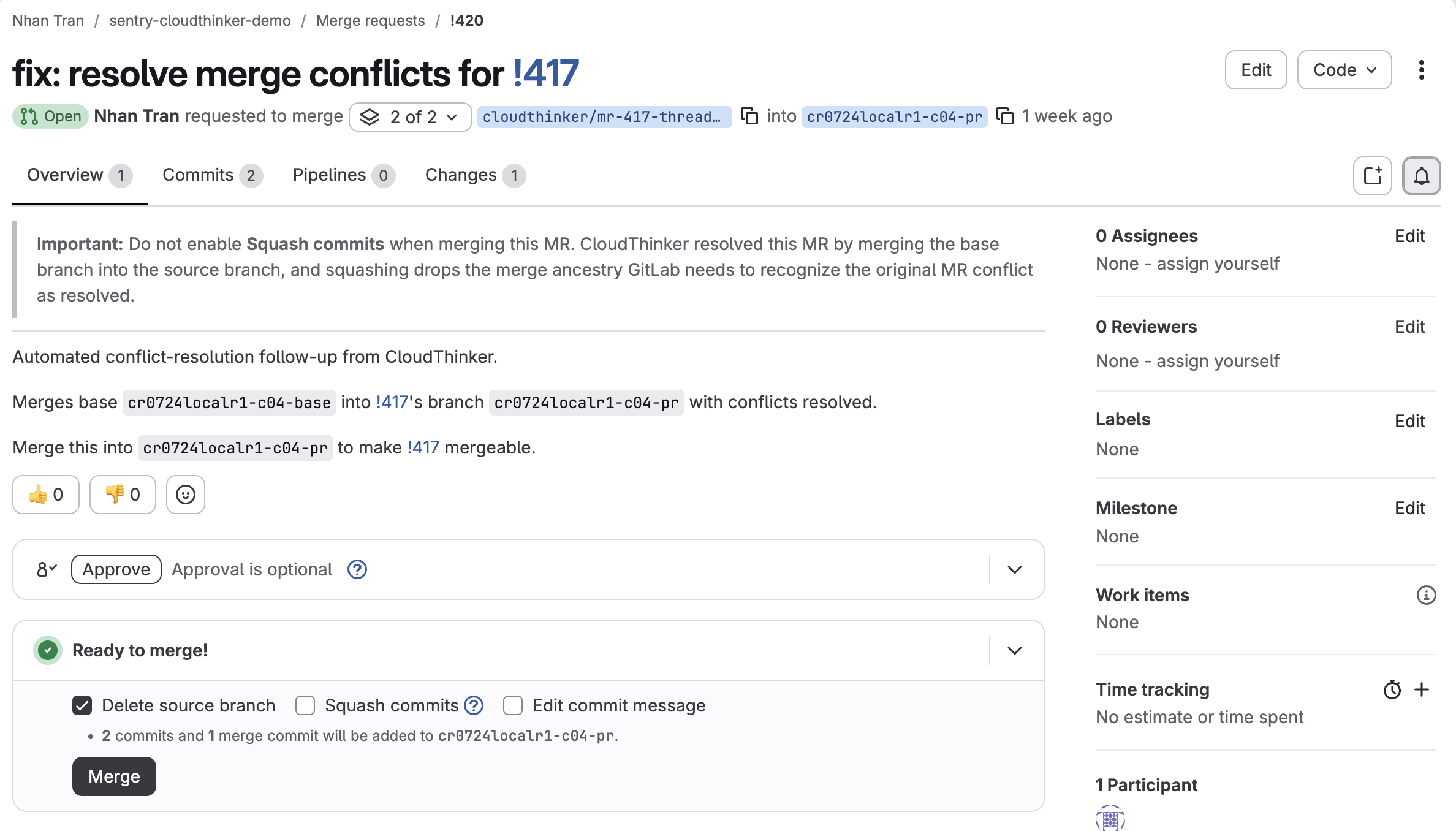 Follow-up merge request resolving conflicts for the original MR, with the do-not-squash reminder and a Ready to merge state