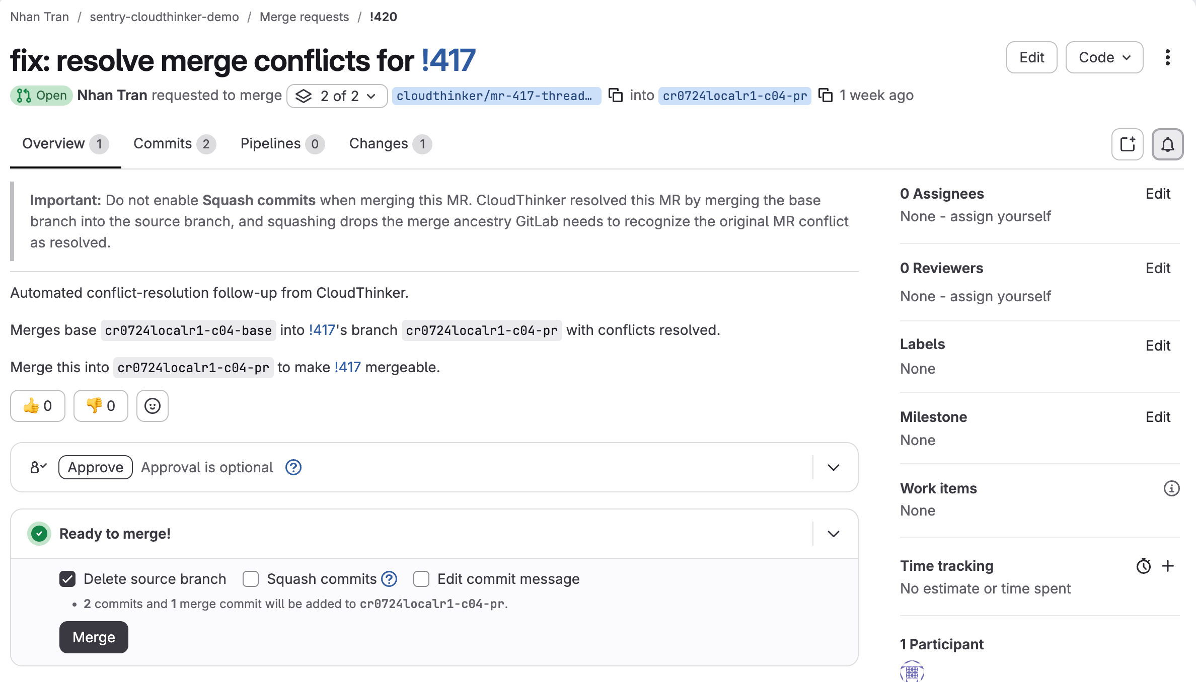 Follow-up merge request resolving conflicts for the original MR, with the do-not-squash reminder and a Ready to merge state