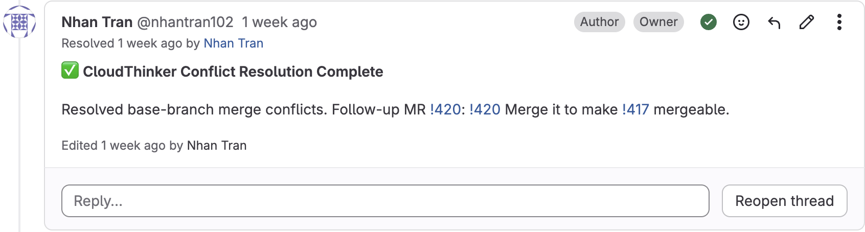 CloudThinker Conflict Resolution Complete comment on the merge request linking to the follow-up MR