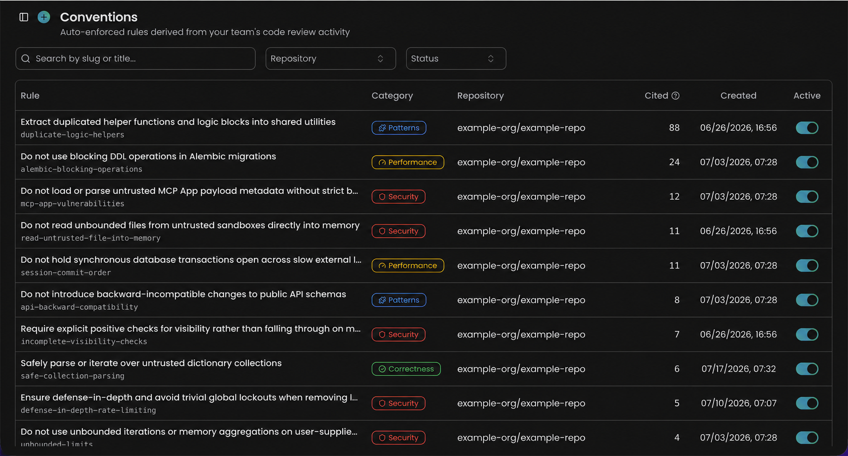 Conventions page showing learned rules, filters, categories, citation counts, and active switches