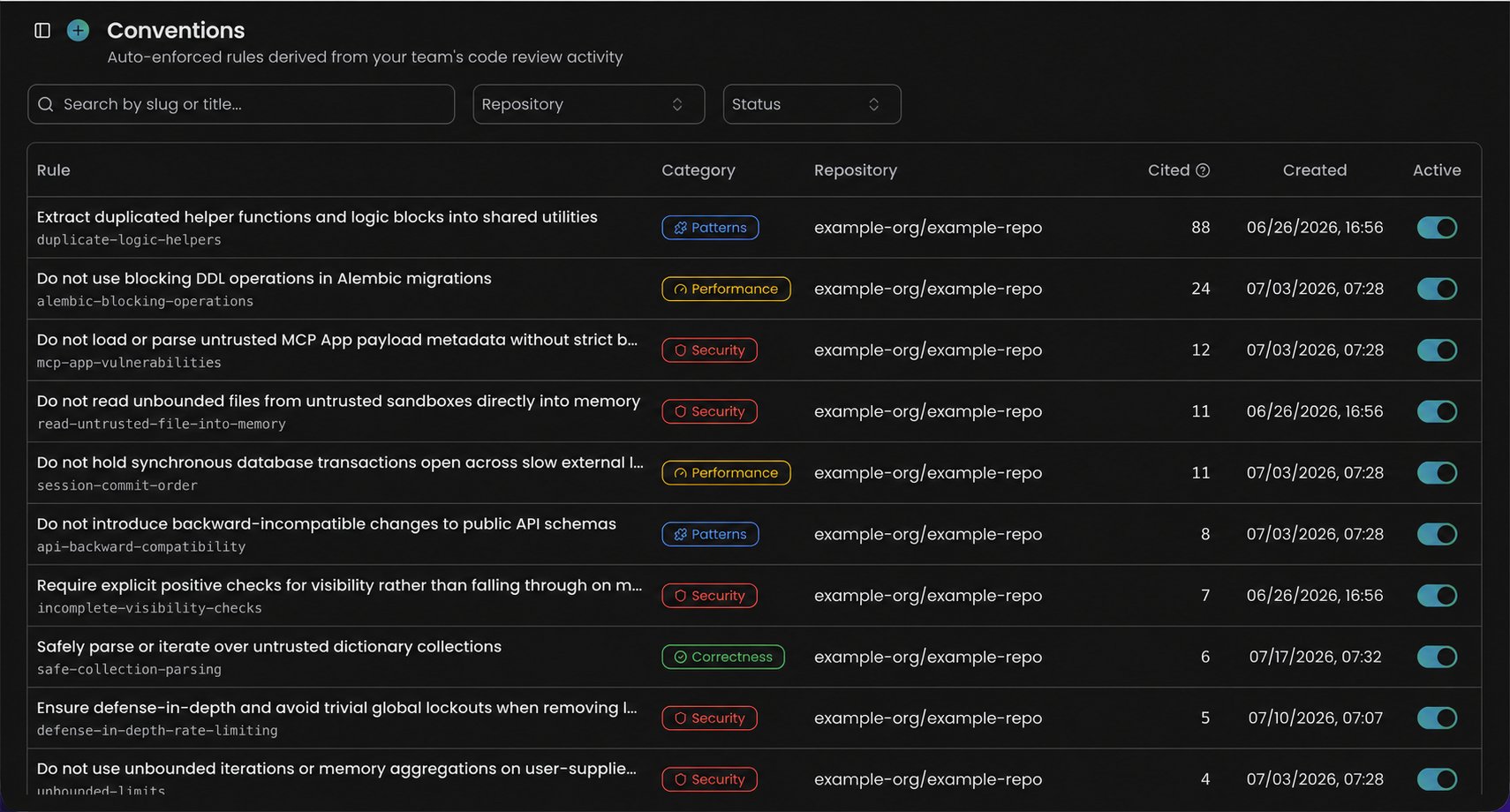 Conventions page showing learned rules, filters, categories, citation counts, and active switches