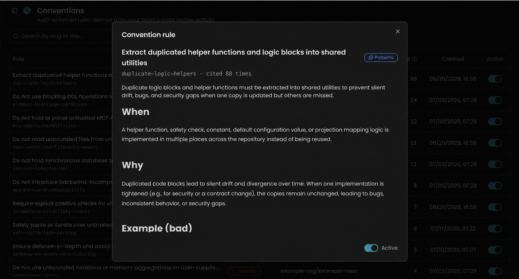 Convention rule detail showing its identifier, citation count, guidance, and active status