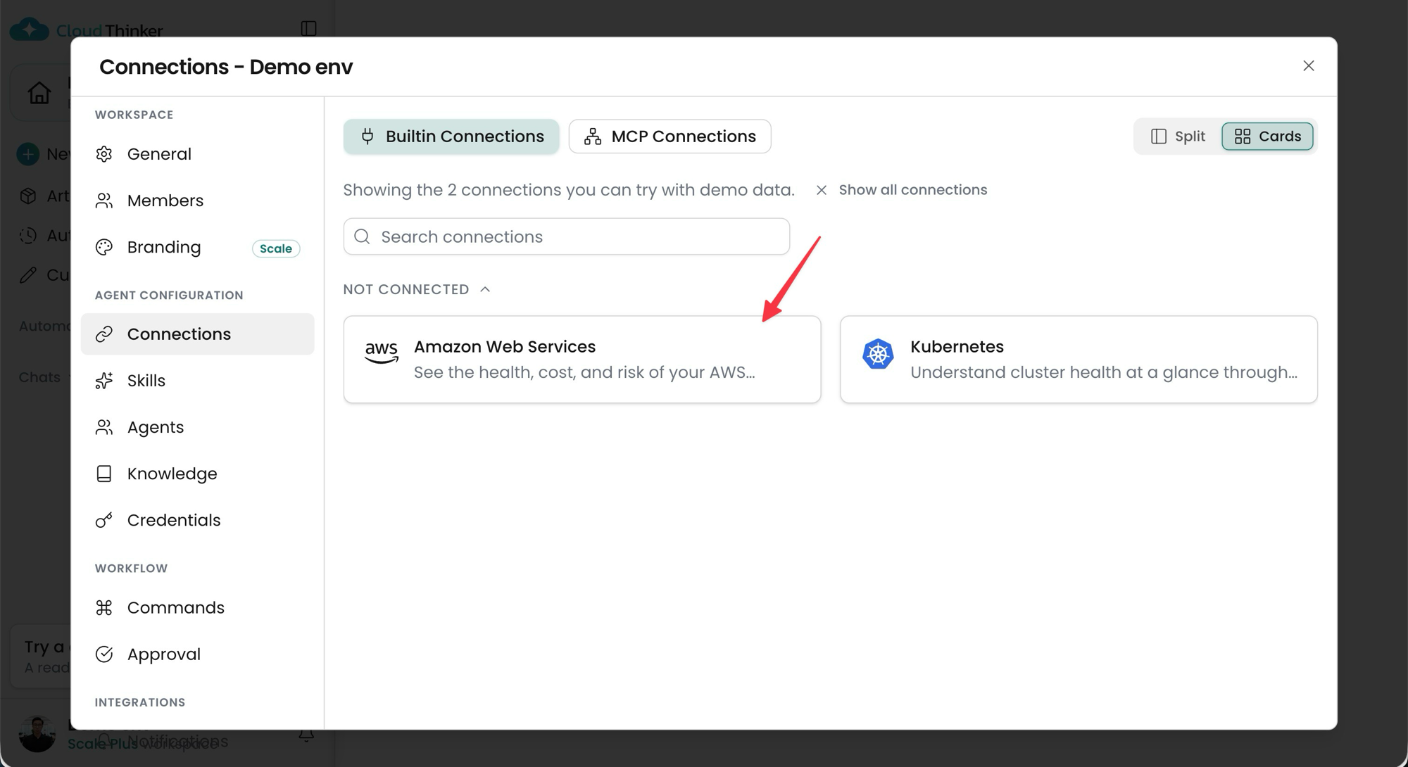 Connections panel for the demo environment showing Amazon Web Services and Kubernetes under Not connected
