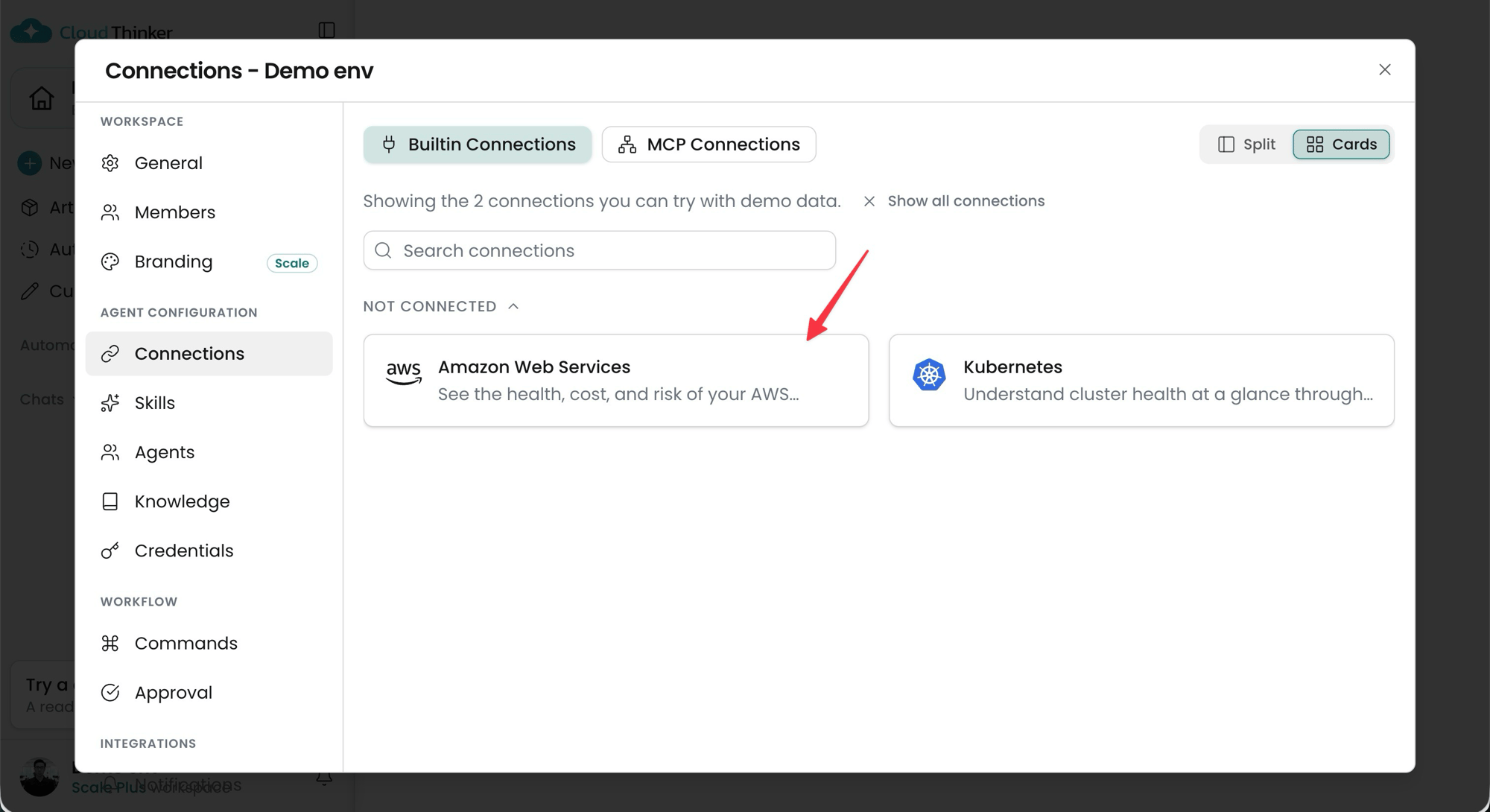 Connections panel for the demo environment showing Amazon Web Services and Kubernetes under Not connected