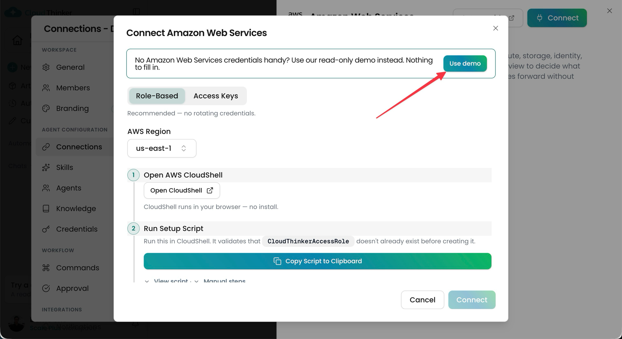 Connect Amazon Web Services dialog with the Use demo button highlighted