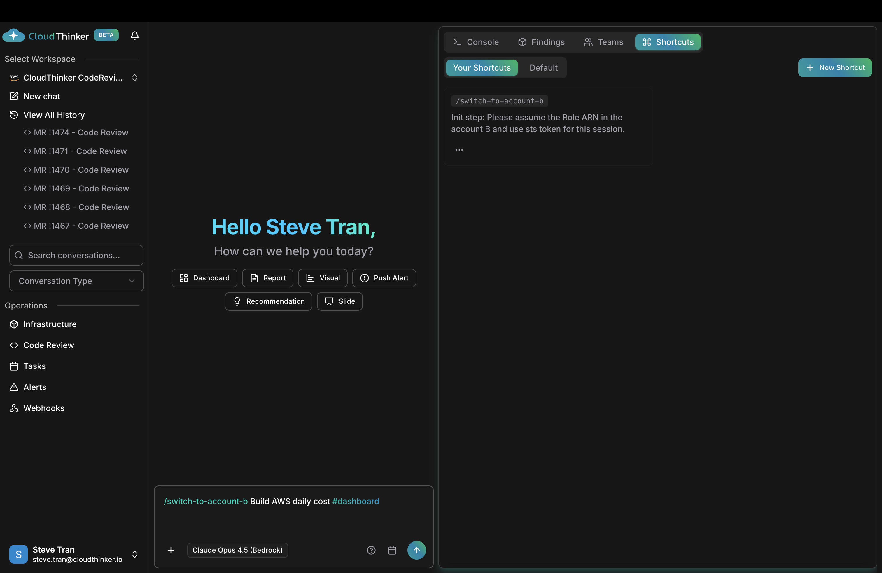 CloudThinker Shortcuts panel showing account switching shortcut