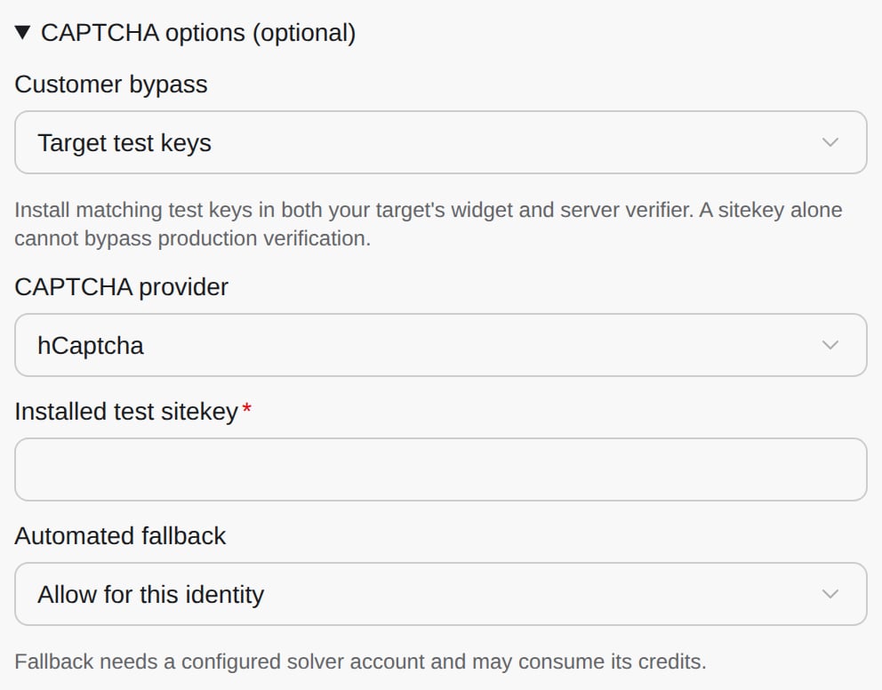 Chọn nhà cung cấp CAPTCHA và nhập test sitekey công khai đã cài.