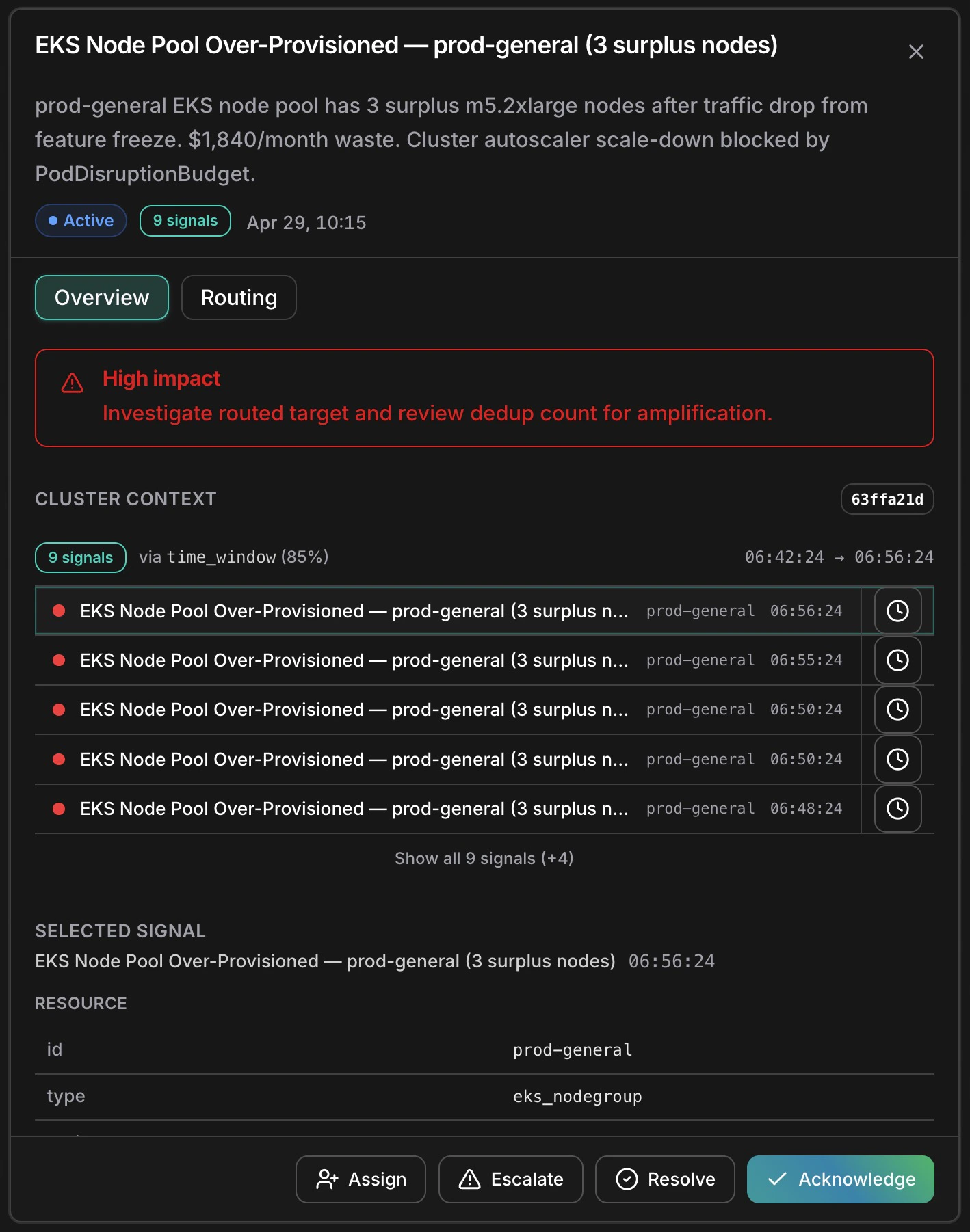 Cluster detail panel showing EKS node pool cluster with 9 signals correlated via time_window at 85% confidence, signal timeline, resource metadata, and action buttons