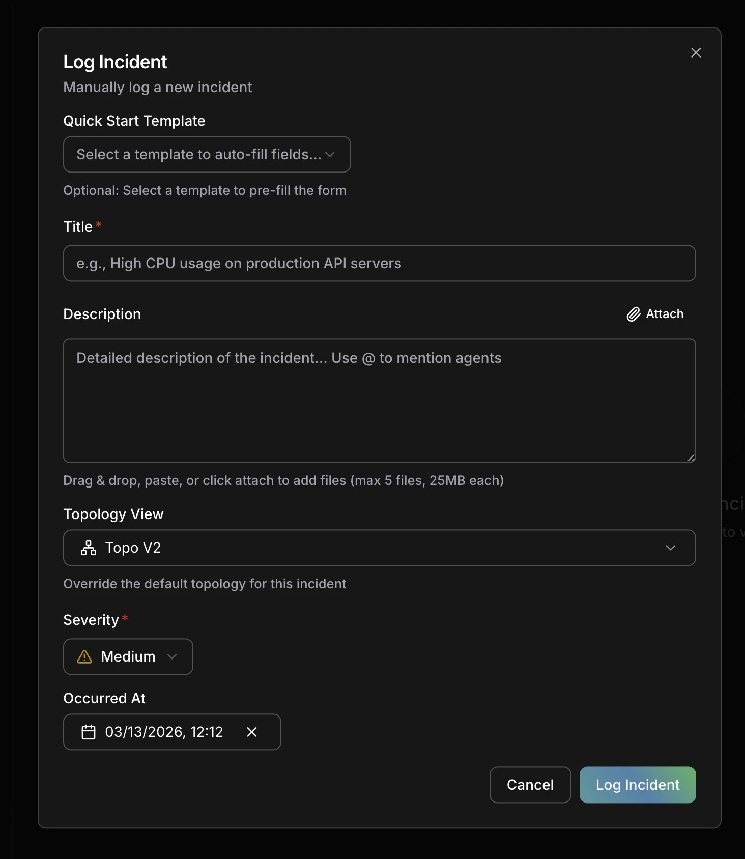 Manual incident creation form with title, description, severity, and affected services fields