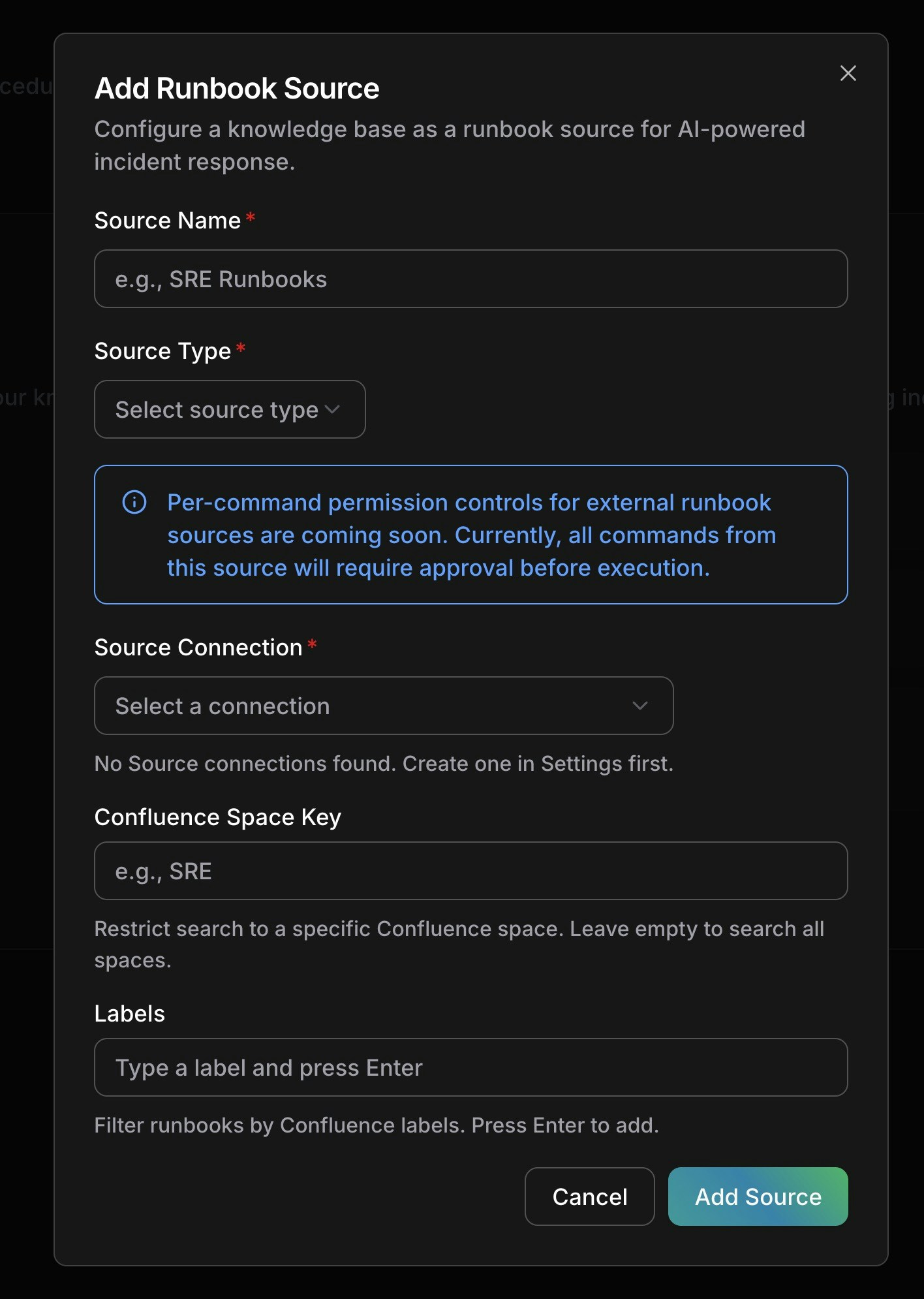 Add Runbook Source dialog with source name, type selection, and Confluence configuration fields