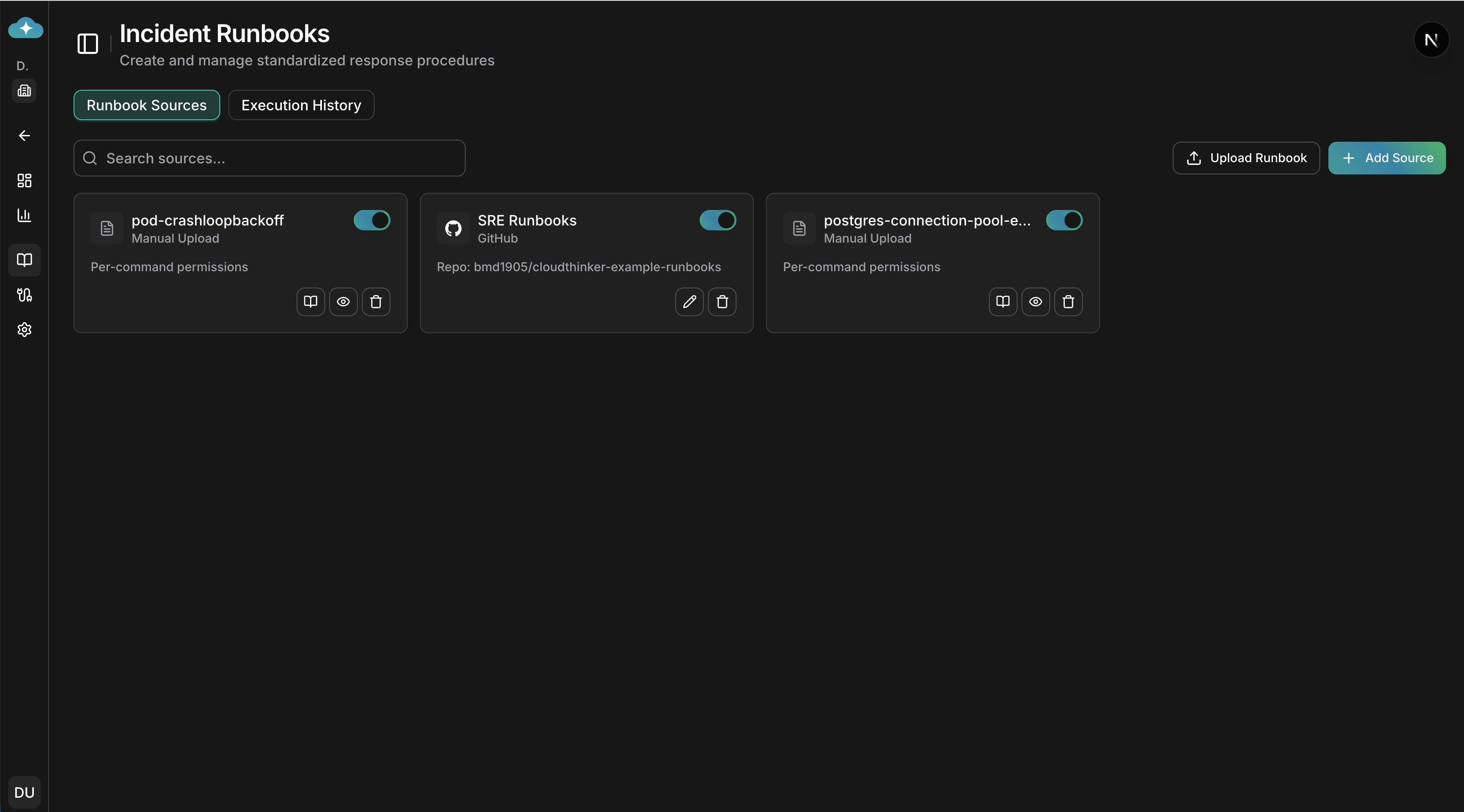 Runbook Sources dashboard showing manual uploads and GitHub-connected sources with enable/disable toggles