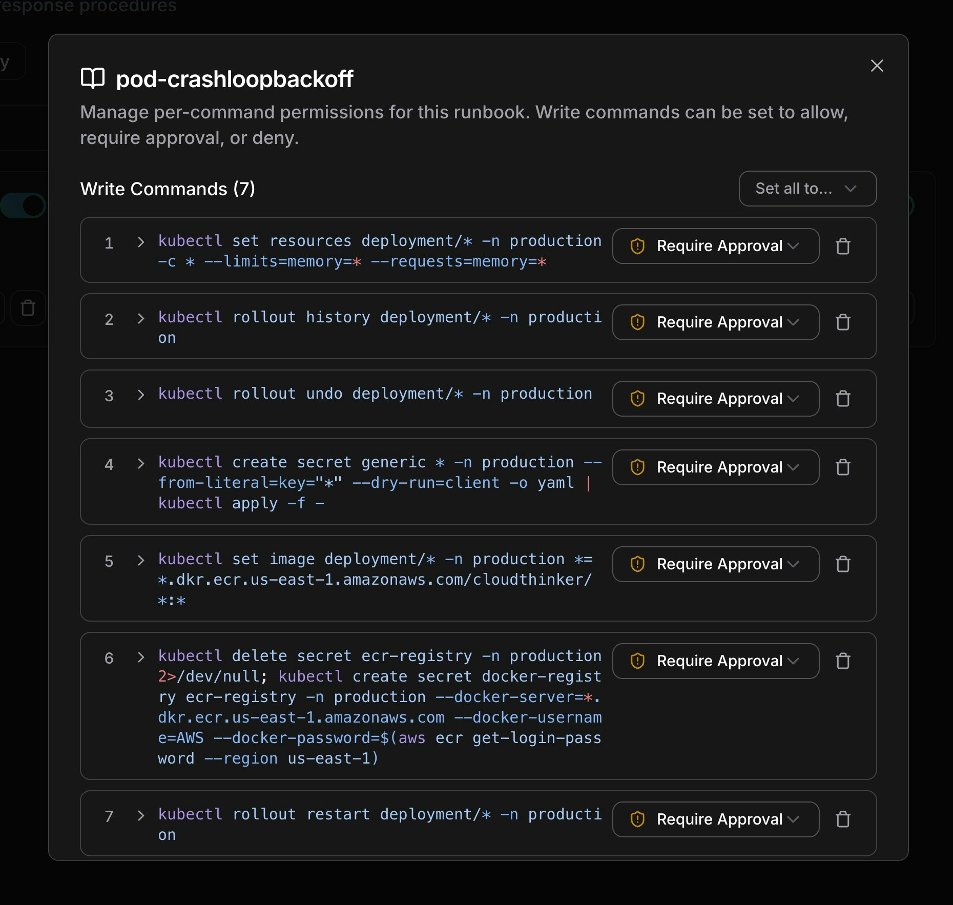 Per-command permissions dialog showing extracted kubectl commands with individual Require Approval dropdowns