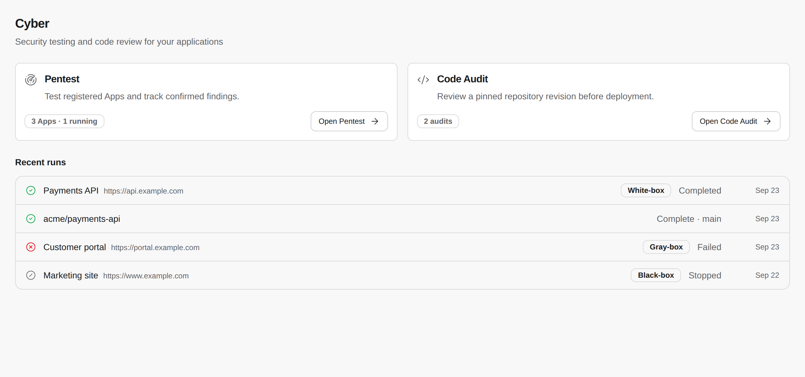 The Cyber overview page with recent activity.